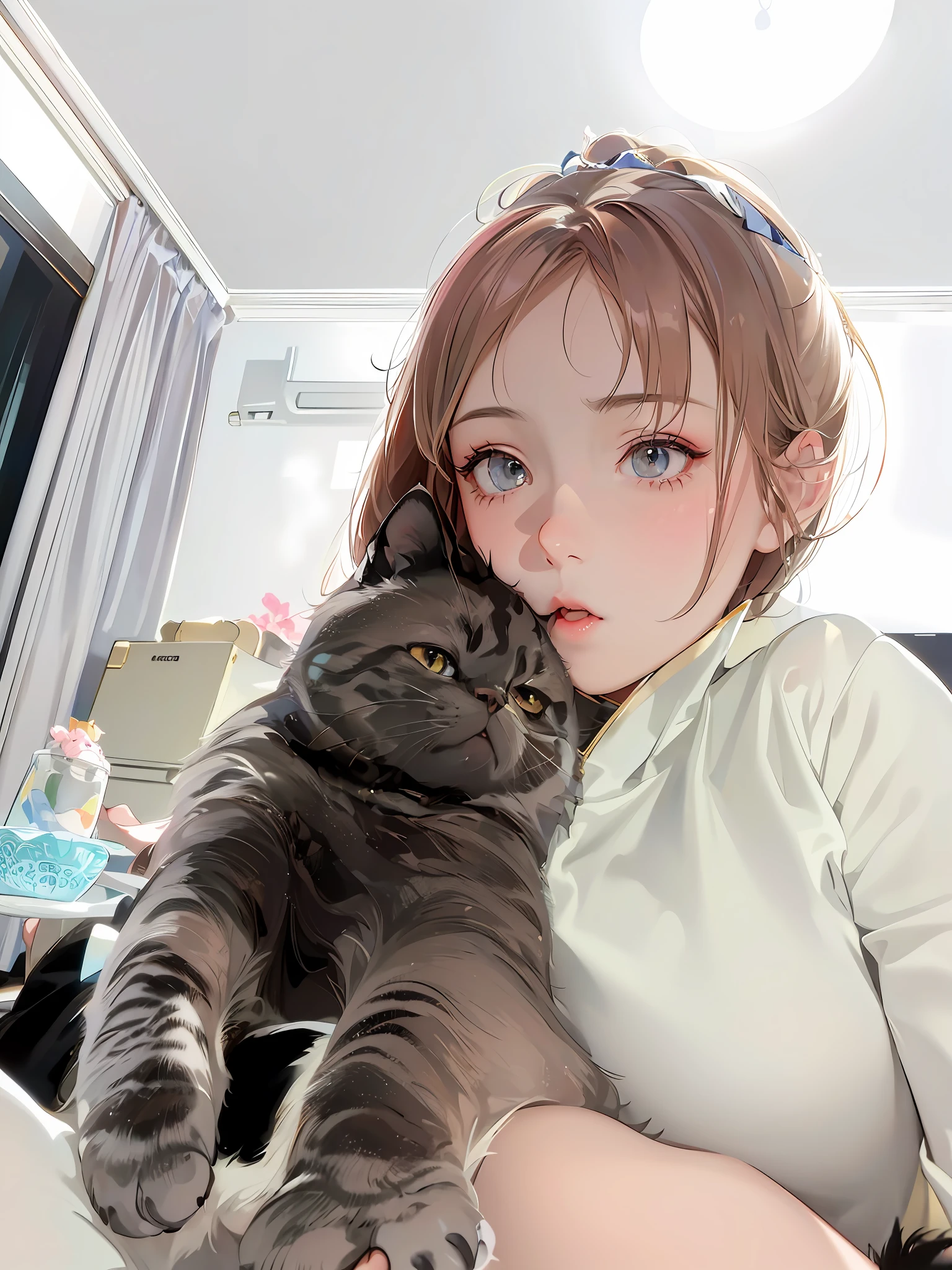 there is a woman holding a cat in her arms, big cheeks holding her cat, lalisa manobal, very beautiful cute catgirl, taken with sony alpha 9, with small cat on lap, nixeu and sakimichan, 8k selfie photograph, sakimichan, there is a cat next to her, she is holding a cat in her arms