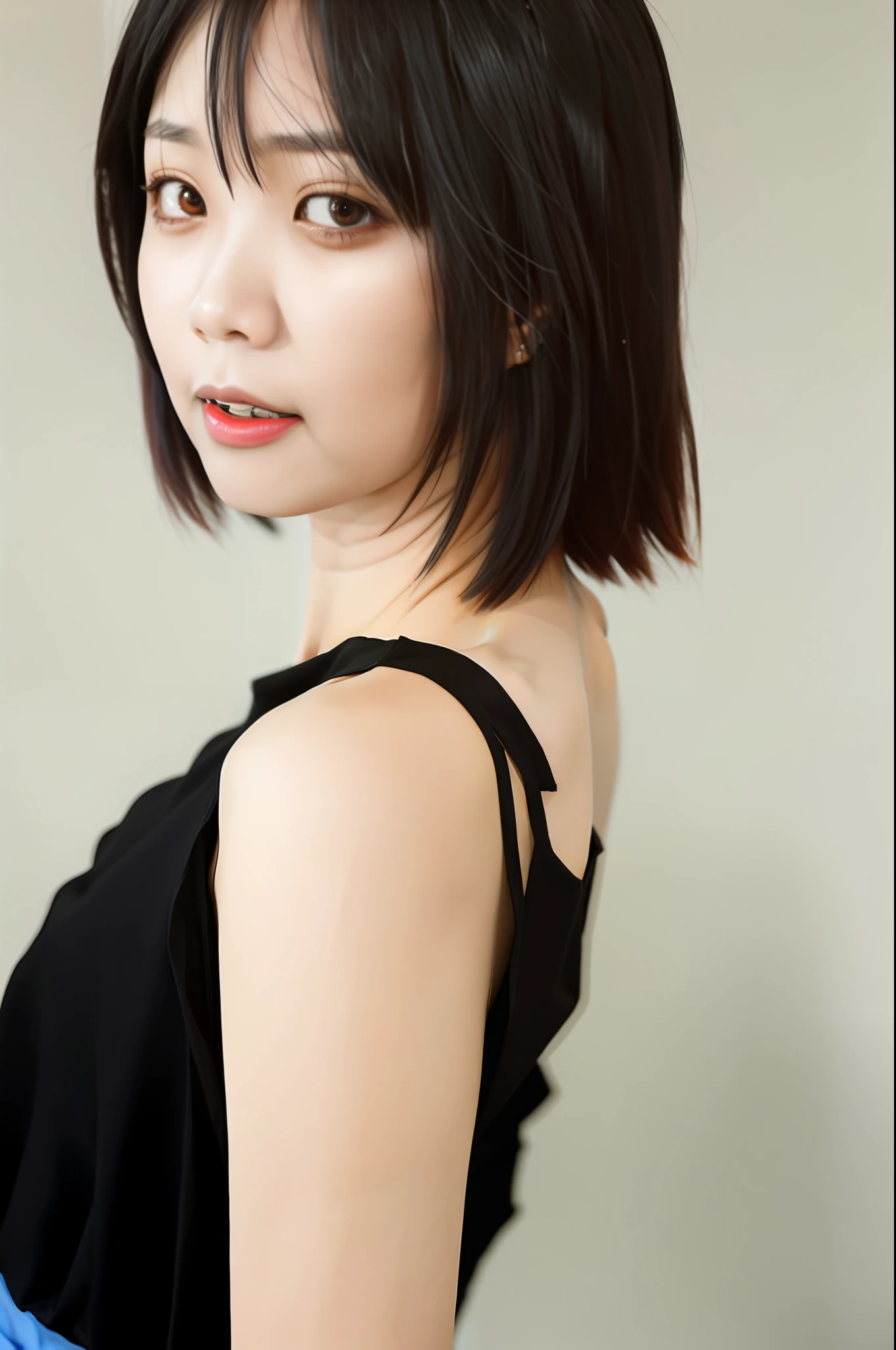 arafed asian woman with a black top and blue skirt, with short hair, girl cute-fine-face, chiho, sui ishida, chin-length hair, portrait a woman like reol, sui ishida with black hair, black hime cut hair, with a bob cut, model エリサヘス s from acquamodels