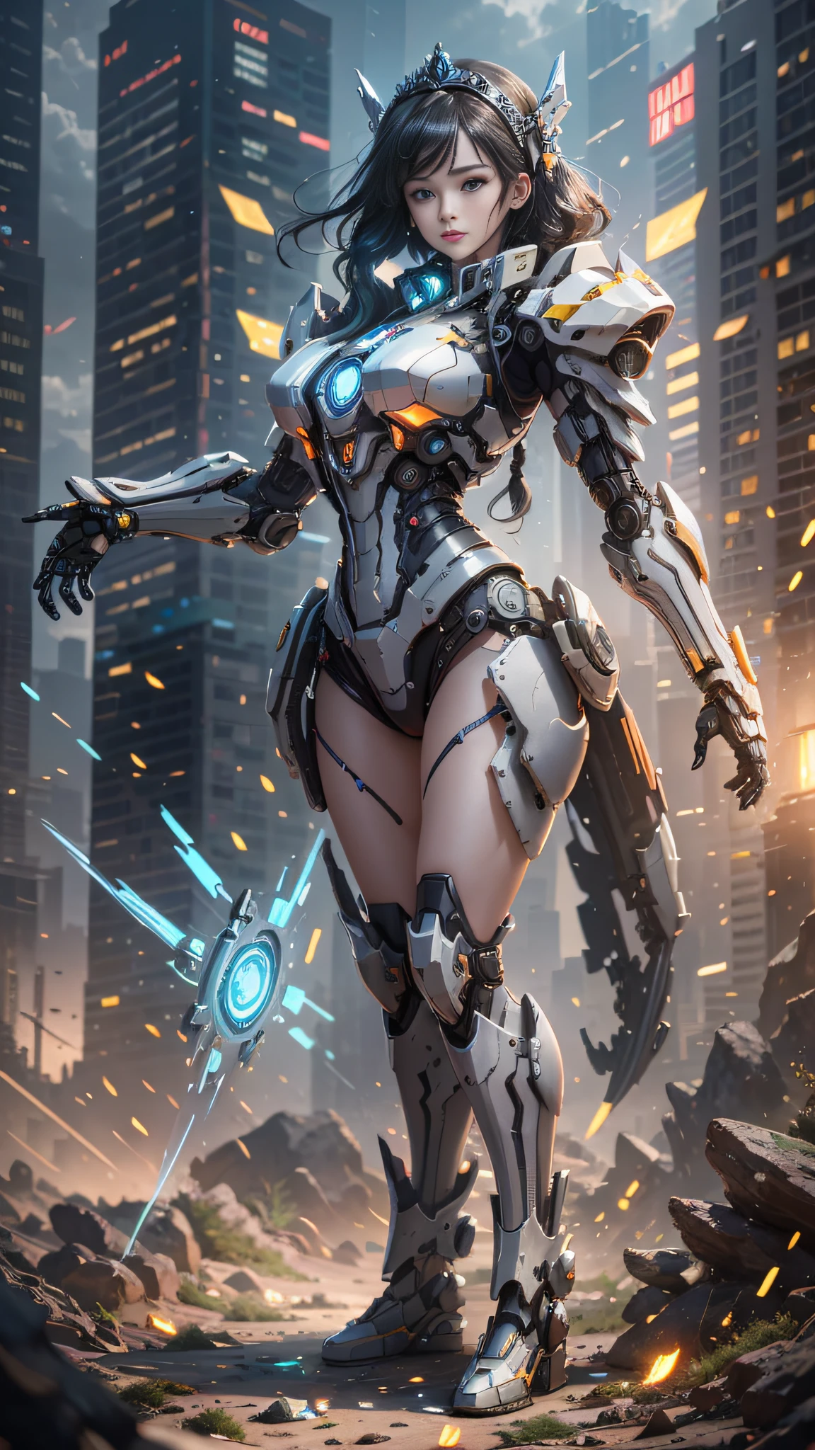 ((Best Quality)), ((Masterpiece)), (Very Detailed: 1.3), 3D, Icaru valkirie-mecha, Beautiful cyberpunk woman wearing crown, with master chef style, sci-fi technology, HDR (High Dynamic Range), ray tracing, nvidia RTX, super resolution, unreal 5, subsurface scattering, PBR texture, post-processing, anisotropic filtering, depth of field, maximum sharpness and sharpness, multi-layer texture, specular and albedo mapping, surface shading,  accurate simulation of light-material interactions, perfect proportions, octane rendering, duotone lighting, low ISO, white balance, rule of thirds, wide aperture, 8K RAW, high efficiency subpixels, subpixel convolution, light particles, light scattering, Tyndall effect, very sexy, full body, battle pose, black hair with braids,