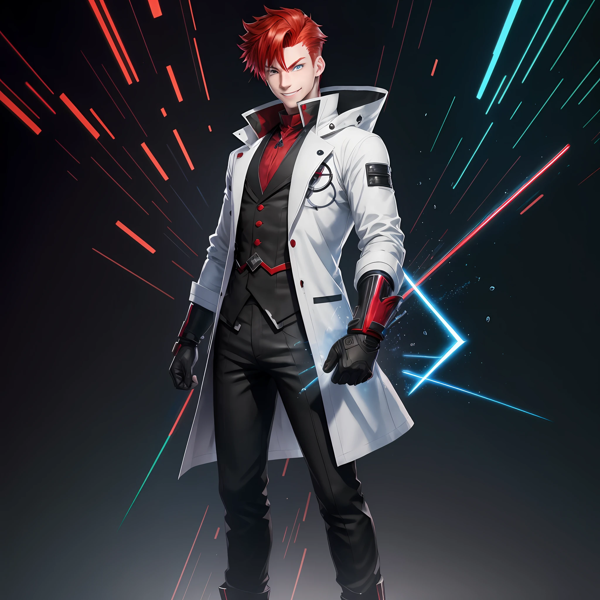 Male , Red Hair, Handsome, Evil Hairstyle, asian, white, psychopathic smile, excited smile, battle junkie smile, heterochromia eyes, blue eyes right, green eyes left, Black-red High-tech gloves, left hand clutch, right hand showing a power stone, nanotech High-tech inside suit