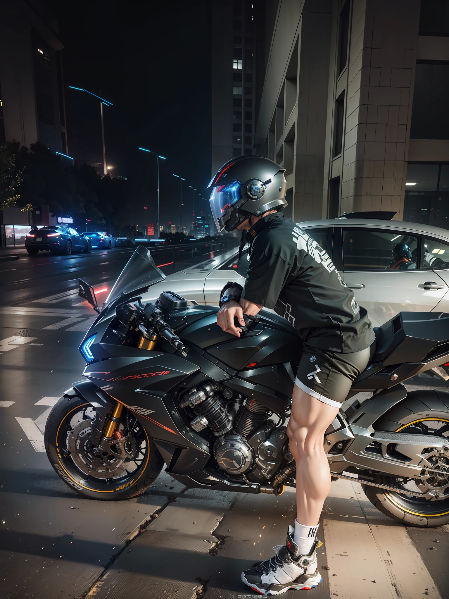 Wearing high-tech mecha clothes pants, cyber-male warrior and cybermechanical motorcycle, wearing high-tech armor, Nousr, biomechanics, mshn robotic man, high-tech helmet, surreal, steel, intricate design, crazy details, fine details, extremely clear lines, cinematic lighting, photo realistic, detailed masterpiece