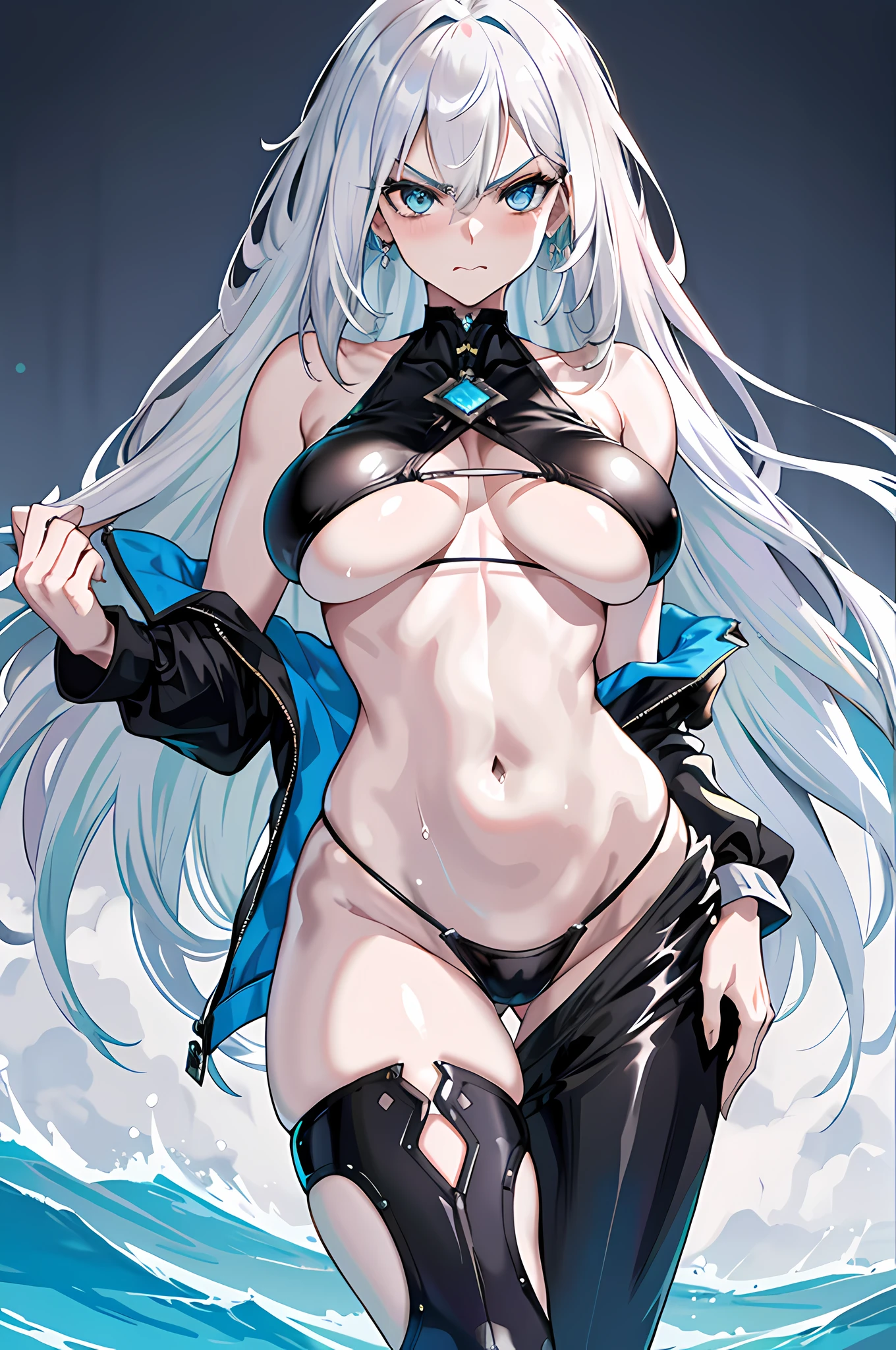 Limbs, silver hair woman, 25 years old, tall, model, blue eyes, navel, black bikini, micro bikini thong, huge boobs: 3.0, blushing, angry, erect areola, (pale skin: 1.1), slim, wet body Shiny