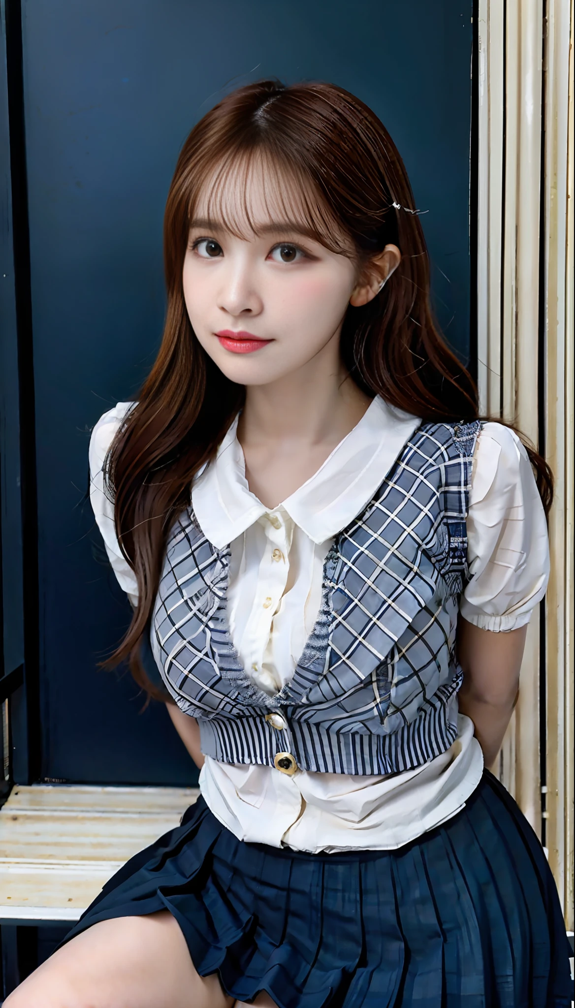 Eurora, 1 Girl, Solo, Realism, Best Quality, Ultra High Resolution, HDR,8k Resolution, Photo Shoot, (Realistic:1.4), (Realistic Damp Skin:1.2), (22Yo:1.3), Detailed Eyes, Medium Breasts, Long Hair, (Light Brown Hair:1), Looking at the Audience, Facing Front, Light on Face, (Dark Blue Plaid Pleated Skirt), (Sailor Collar School Uniform), In the Classroom, (NSFW: 1.25)
