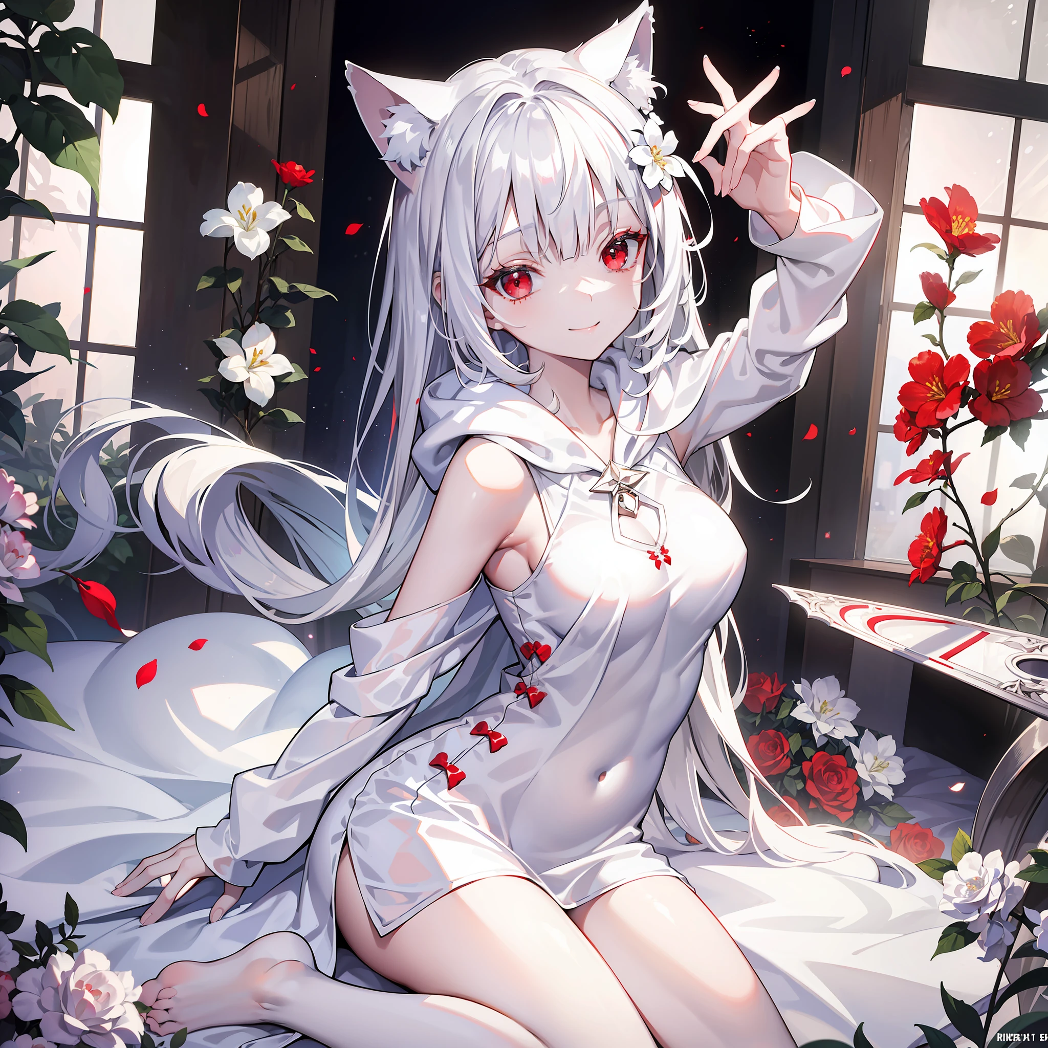 Masterpiece, Best Quality, Beautiful Lighting, White Cat Hoodie, Silver Hair, Red Eyes, White Skin, White Silk Dress, Pajamas, Petite Girl, Slender Body, Beautiful Details Eyes, Flower Garden, Lively, Sexy Smile, Pure White, Dress, Leg Exposed, Open Breast, Sleeveless