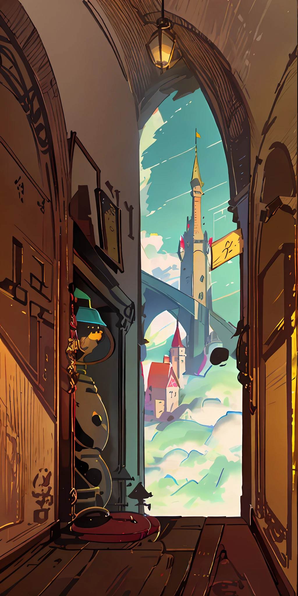 in the tower, three, scholar, looking happy, conversation, corridor, window, clouds high quality,