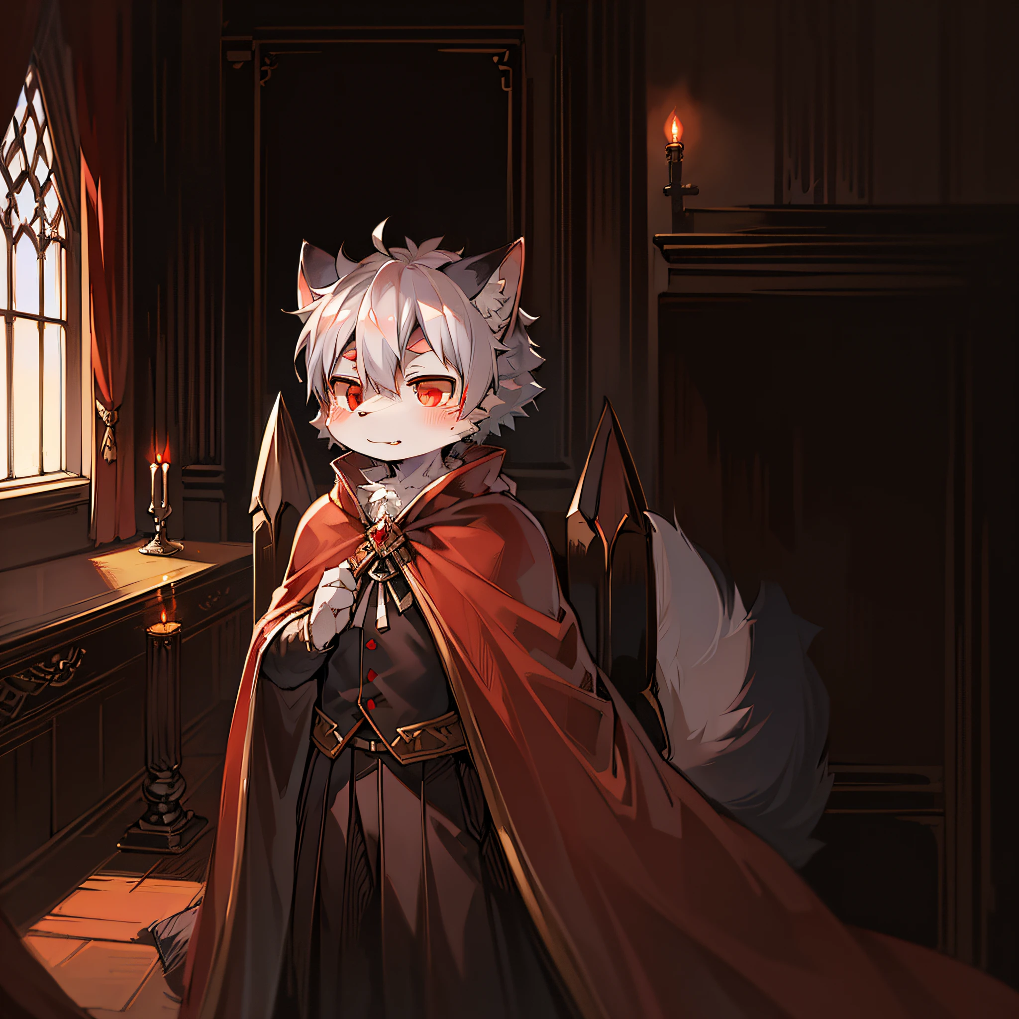 (dark environment:0.8),masterpiece, high quality, absurd res, digital painting \(artwork\), by dagasi, yupa,kiyosan,(anthro,fluffy fur,character focus:1.1),anthro male cat,short hair,portrait, bright eyes,panorama,character focus.(detailed background:0.7),solo,furry,furry male ,male focus,anthr,(Full body fur, fluffy tail, white fur,red eyes,gray hair:1.2),(long canines,vampire, cape:1.2),(interior,night, castle, coffin:1.1)