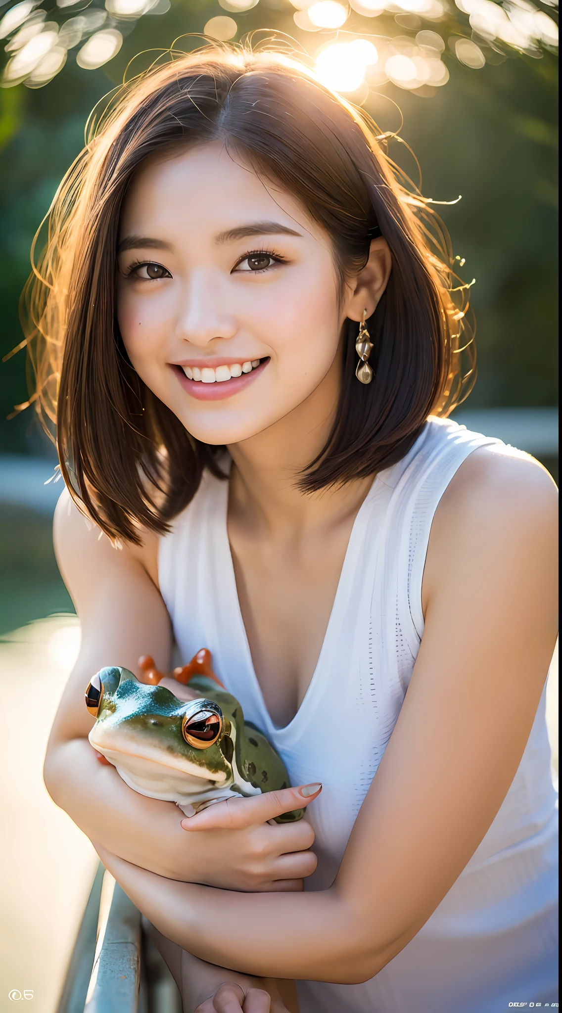 (8k, RAW photos, top quality, high resolution: 1.1), (ultra-realistic: 1.4), (realistic, photorealistic: 1.3), soft light, big, girls, realistic faces, realistic bodies, realistic skin, absurdity, masterpiece, (cute: 1.8), cuties, solo, (big: 1.2), detailed black eyes, innocent eyes, cheeks, hugging cats, cinema lights, Film Grain, Jewelry, ((Short Hair: 1.1)), (((Floating Hair Nova Frog Style)), Cherry Colored Lips, Close Up, Look Viewer, Upper Body, Open Lips, Upper Teeth, (Smiling Eyes: 0.6), ((grinning: 1.2)), Depth of Field, Blurred Background, Eye Focus, Sunset, Bokeh, Young, 85mm Lens, f/1.4, Professional Lighting, Young, portrait, photon mapping, radiosity, physically based rendering