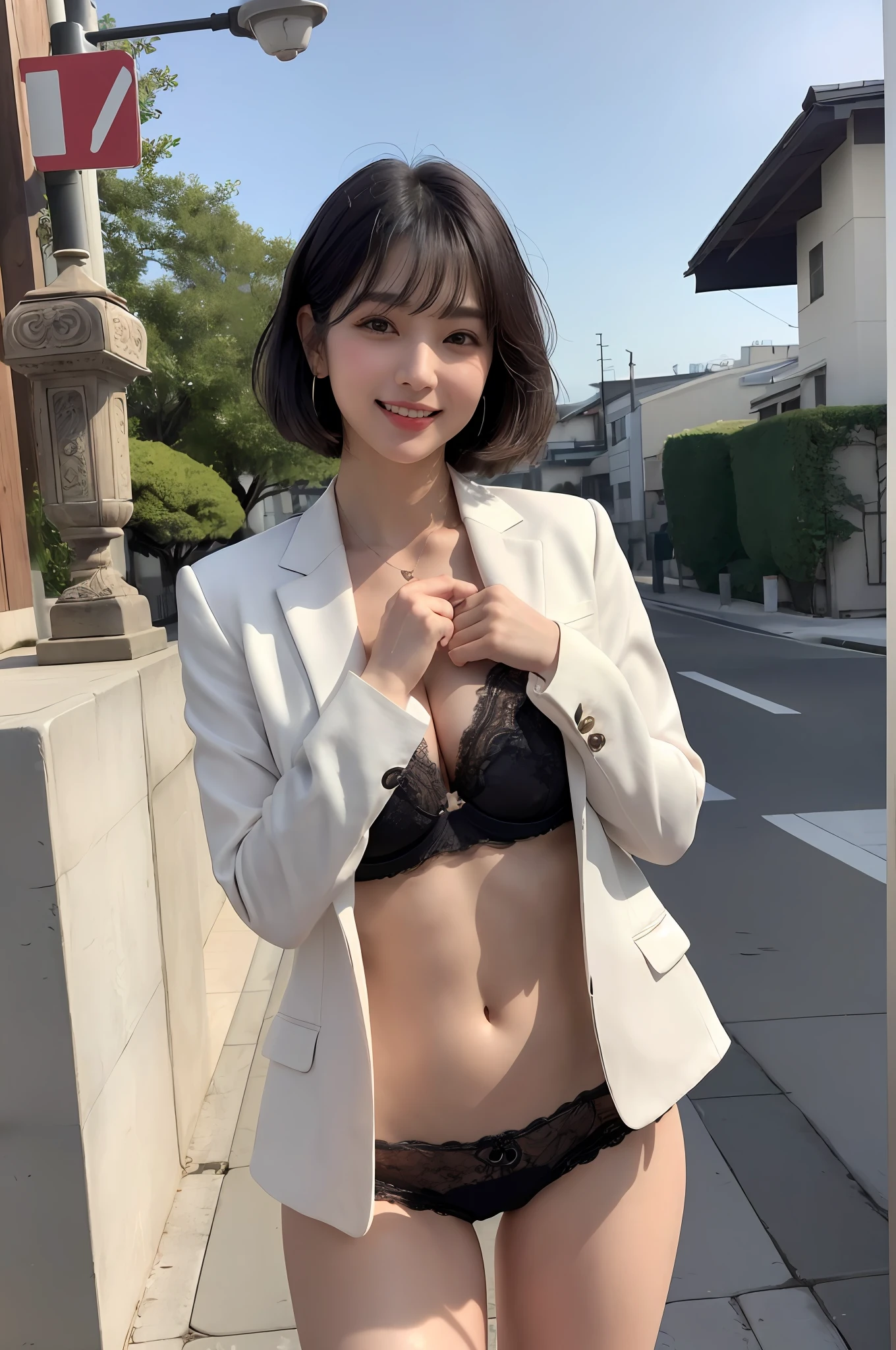 (Photorealistic: 1.4), Masterpiece, Ultra High Resolution, RAW Photo, Best Quality, (Open Smile: 4.0), (Big Smile: 1.5), (White Teeth: 2.0), (Sexy: 1.4), Raw Photo, 1 Beautiful Married Woman Japan 18 years old, Pure White Skin, (Cute: 3.0), (Eyes with Lowered Corners of the Eyes: 2.0), (Large, Round Eyes: 3.0), (Moisturized Eyes: 3.0), ( Looking at the camera: 3.0), (Looking at the front: 2.0), (Looking forward: 1.5), (eyebrows falling into a figure eight: 2.0), blushing, slender, (black short hair: 1.2), bangs down, (hands on chest: 2.5), (standing in the city at night: 3.0), shirt with clear breast line, (jacket with open chest: 2.0), ( Short flared miniskirt: 1.4), (panty shot 2.0), twisted miniskirt, (black lace panties 2.0), woman in suit, exposed thighs, exposed crotch, black lace bra,