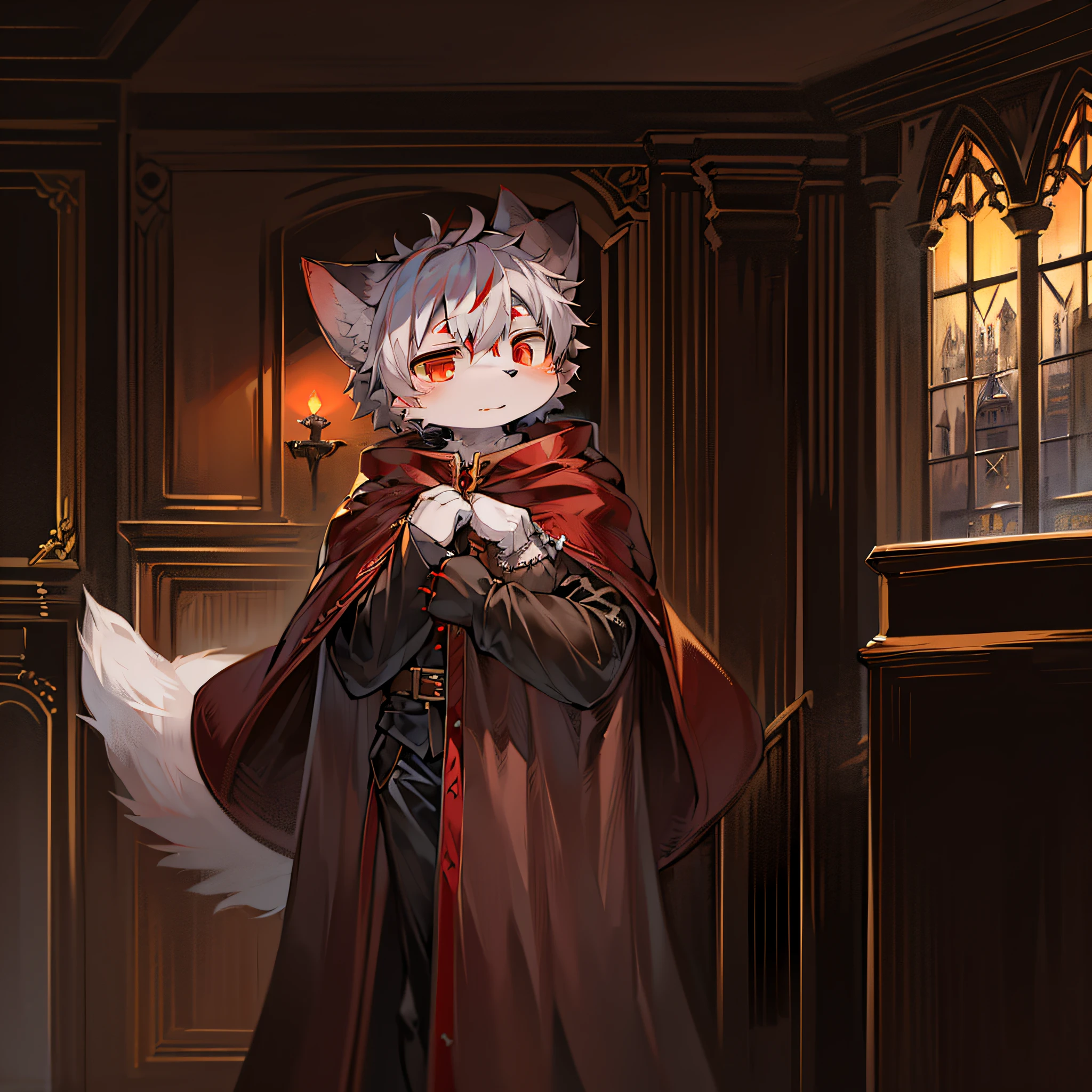(dark environment:0.8),masterpiece, high quality, absurd res, digital painting \(artwork\), by dagasi, yupa,kiyosan,(anthro,fluffy fur,character focus:1.1),anthro male cat,short hair,portrait, bright eyes,panorama,character focus.(detailed background:0.7),solo,furry,furry male ,male focus,anthr,(Full body fur, fluffy tail, white fur,red eyes,gray hair:1.2),(long canines,vampire, cape:1.2),(interior,night, castle, coffin:1.1)
