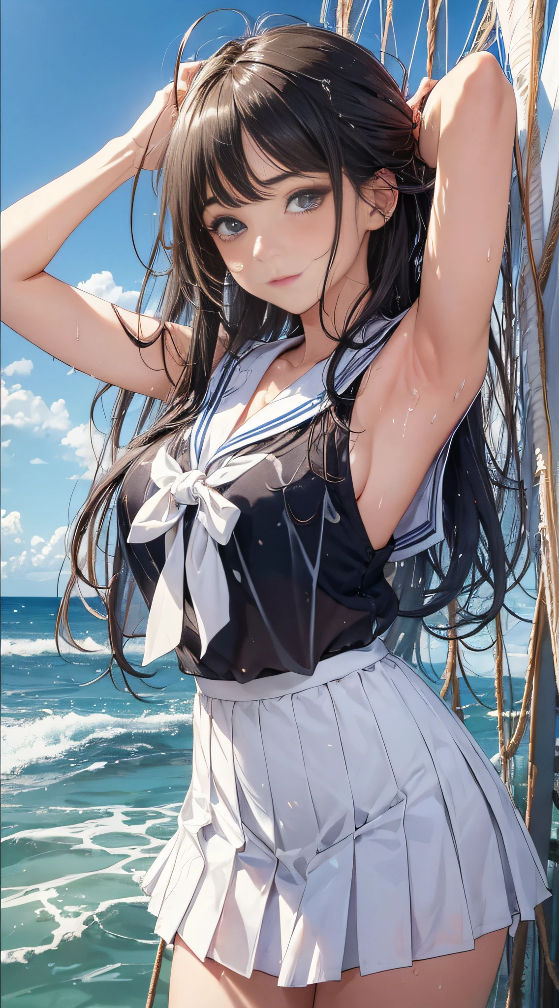 (8k, RAW photo, best quality, masterpiece: 1.2), (realistic, photorealistic: 1.37), super detail, (detail beautiful girl: 1.4), woman in her 20s, 1 girl, white thin sailor suit, ((white sailor color)), sleeveless, pleated skirt, huge breasts, cute hairstyle, lying on the beach, clothes wet and see-through, looking at me with a troubled face, panchira