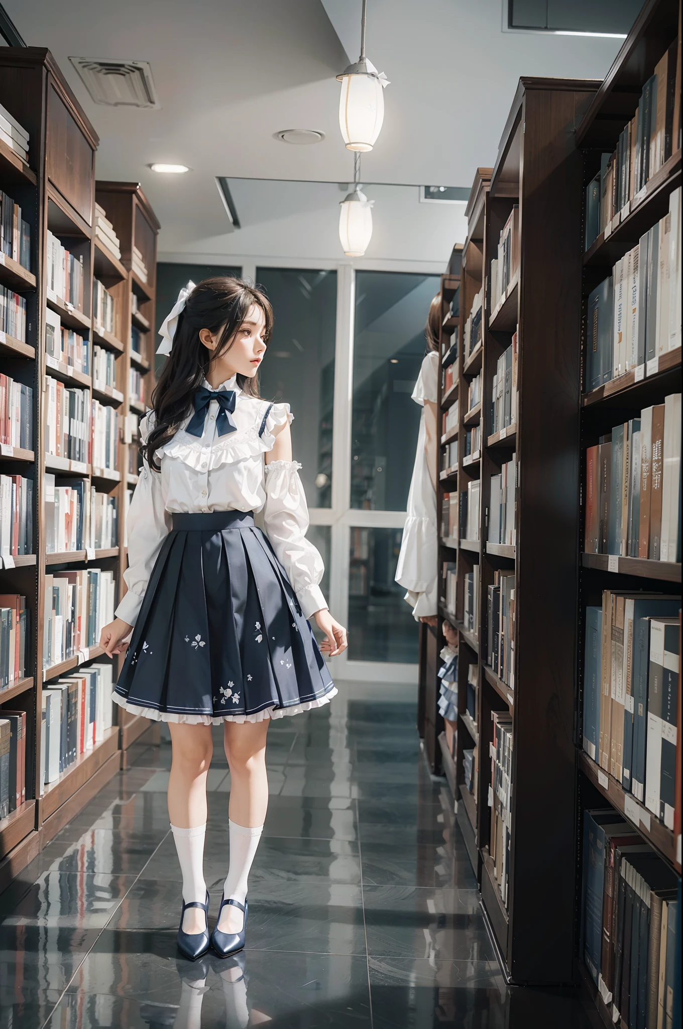 Woman standing alone in library, white floral blouse, dark blue bow tie, dark blue skirt with ruffles, white silk tri-fold socks, wearing pumps, white light background