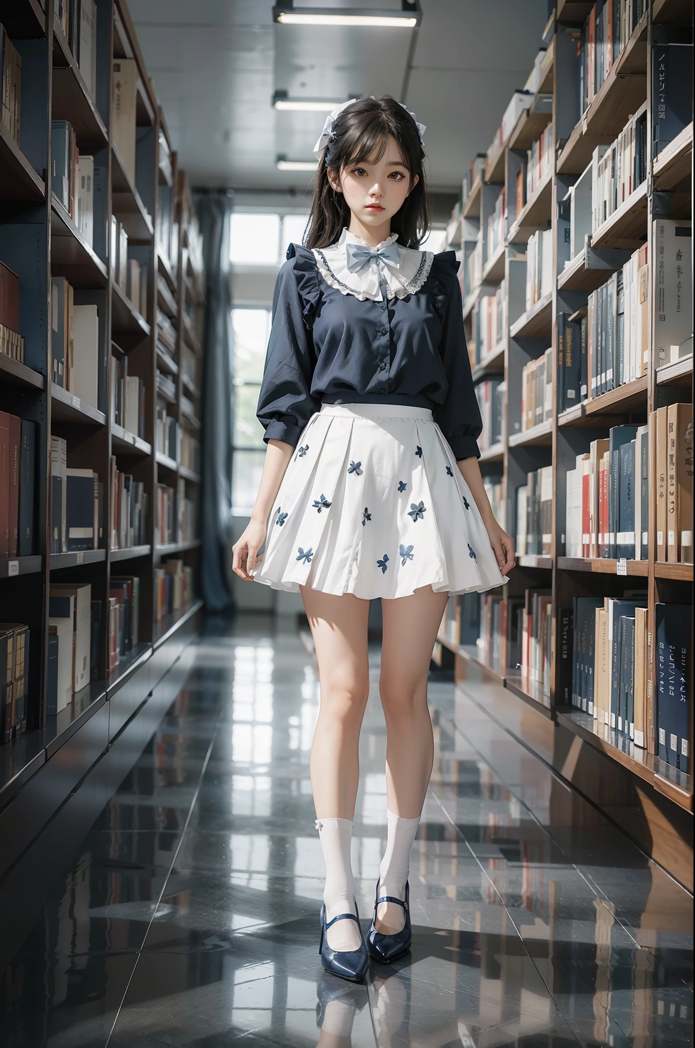 Woman standing alone in library, white floral blouse, dark blue bow tie, dark blue skirt with ruffles, white silk tri-fold socks, wearing pumps, white light background