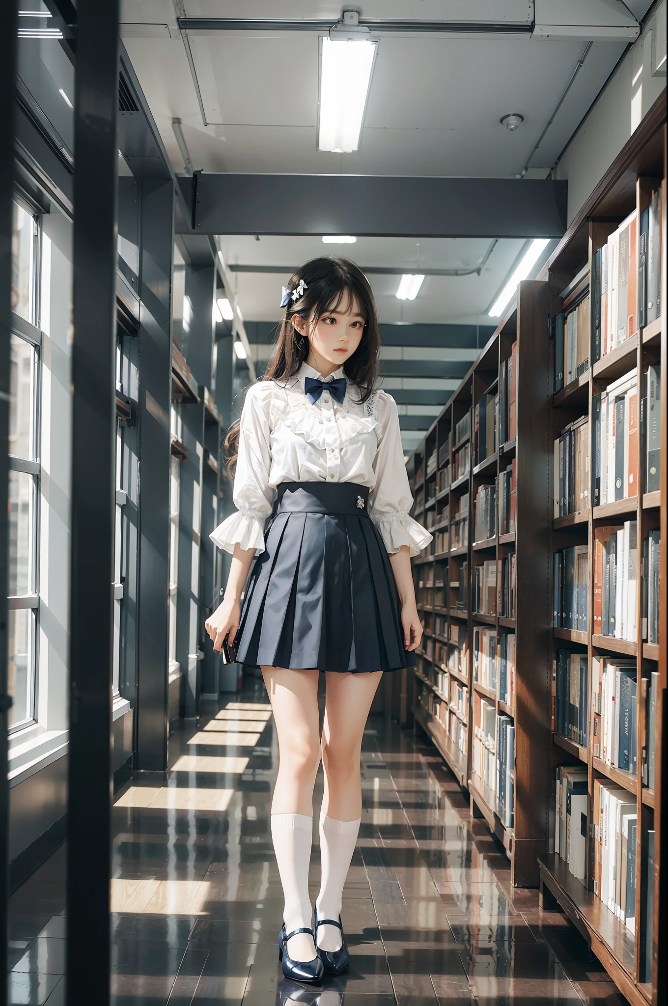 Woman standing alone in library, white floral blouse, dark blue bow tie, dark blue skirt with ruffles, white silk tri-fold socks, wearing pumps, white light background