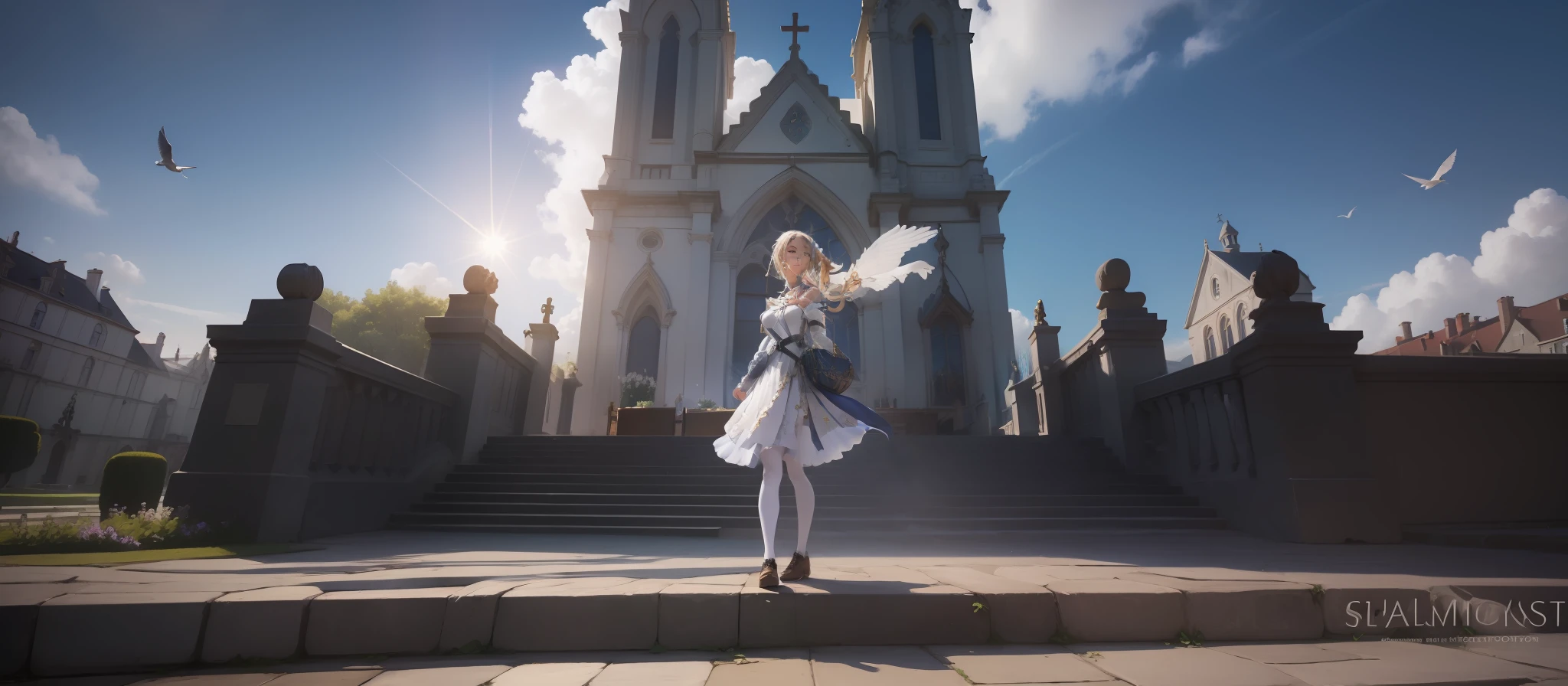 (masterpiece, best quality),1 sister, church, stained glass, solemnity,spring,open doors,sun,early morning,birds in the air,beautiful gardens,(beautiful face, beautiful woman, details on face, 4k face)