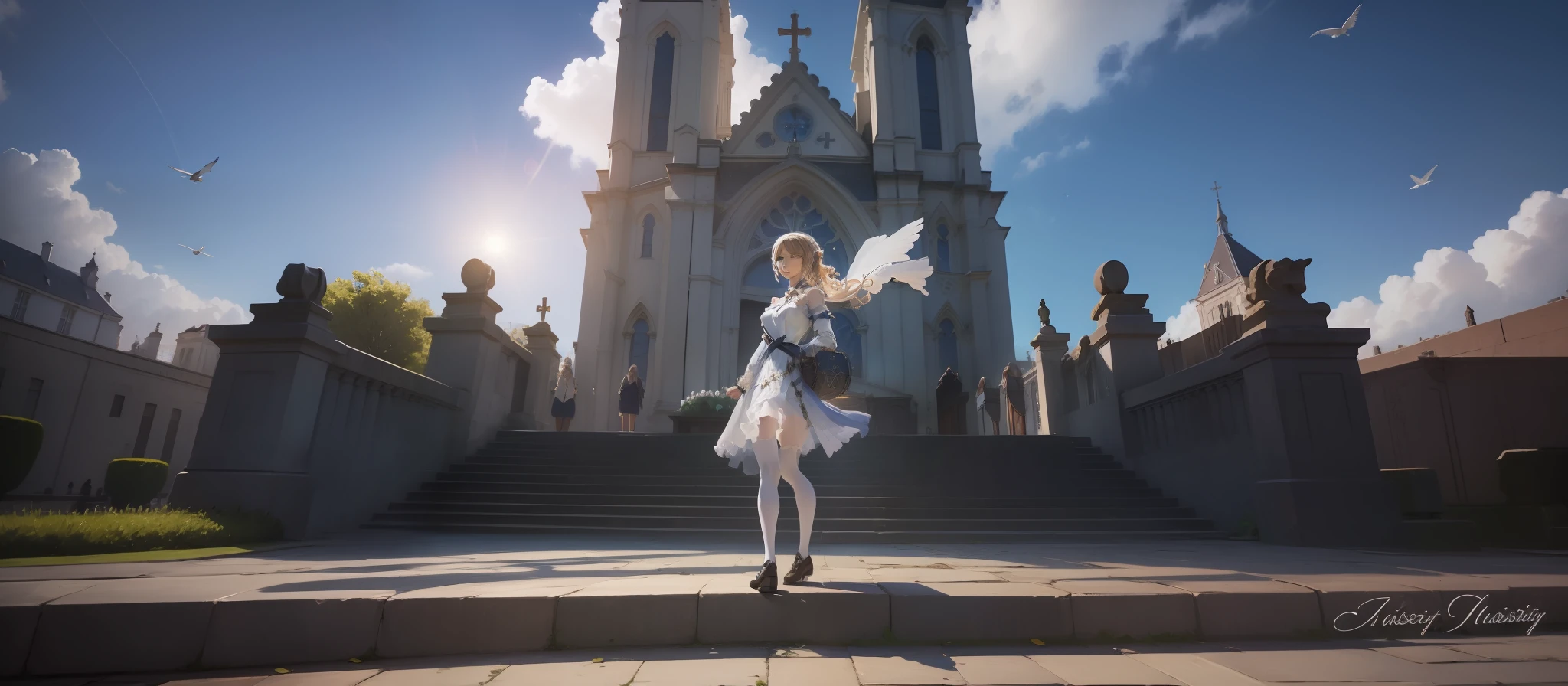 (masterpiece, best quality),1 sister, church, stained glass, solemnity,spring,open doors,sun,early morning,birds in the air,beautiful gardens,(beautiful face, beautiful woman, details on face, 4k face)