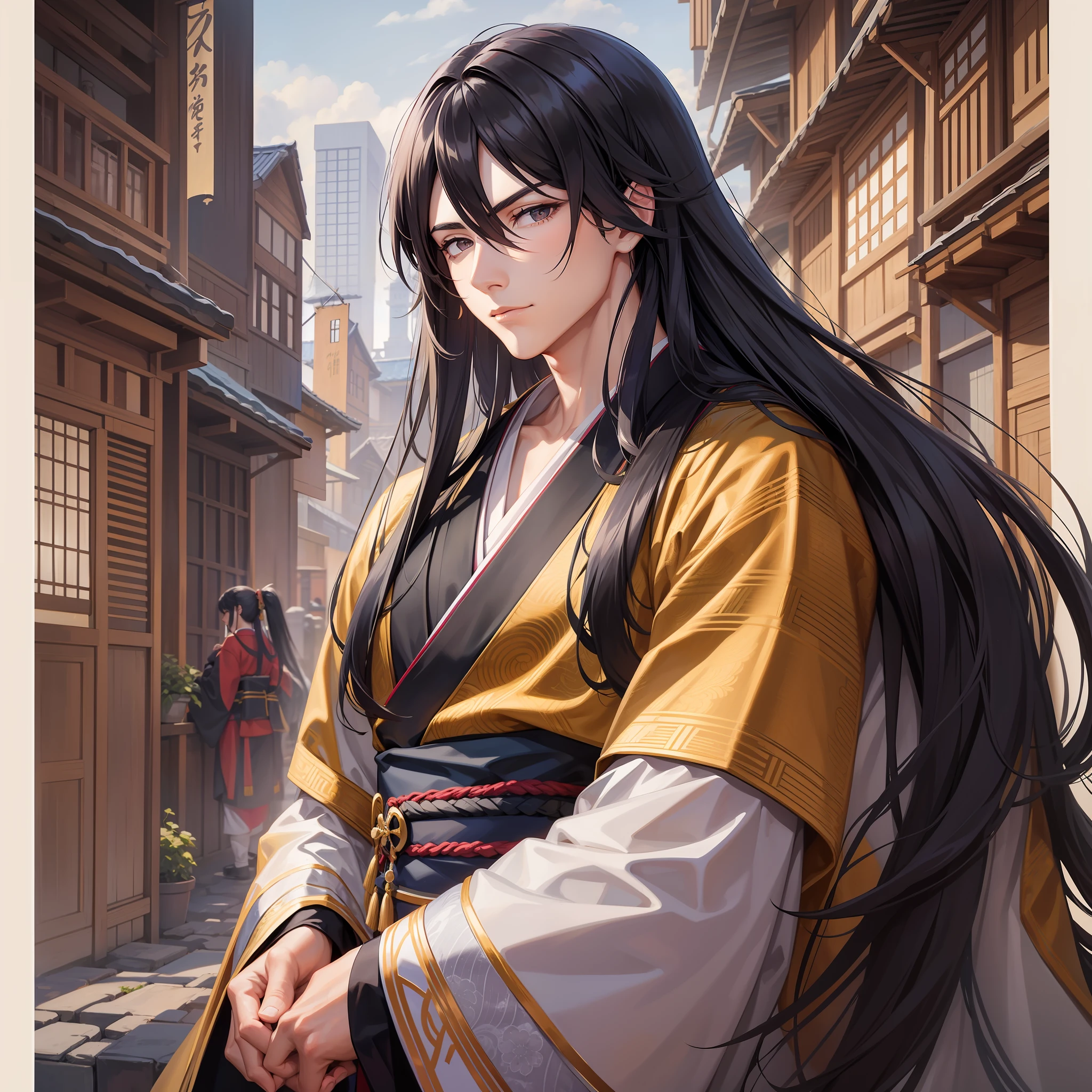 A man with long black hair, no beard, young, is wearing a kimono, medieval, anime
