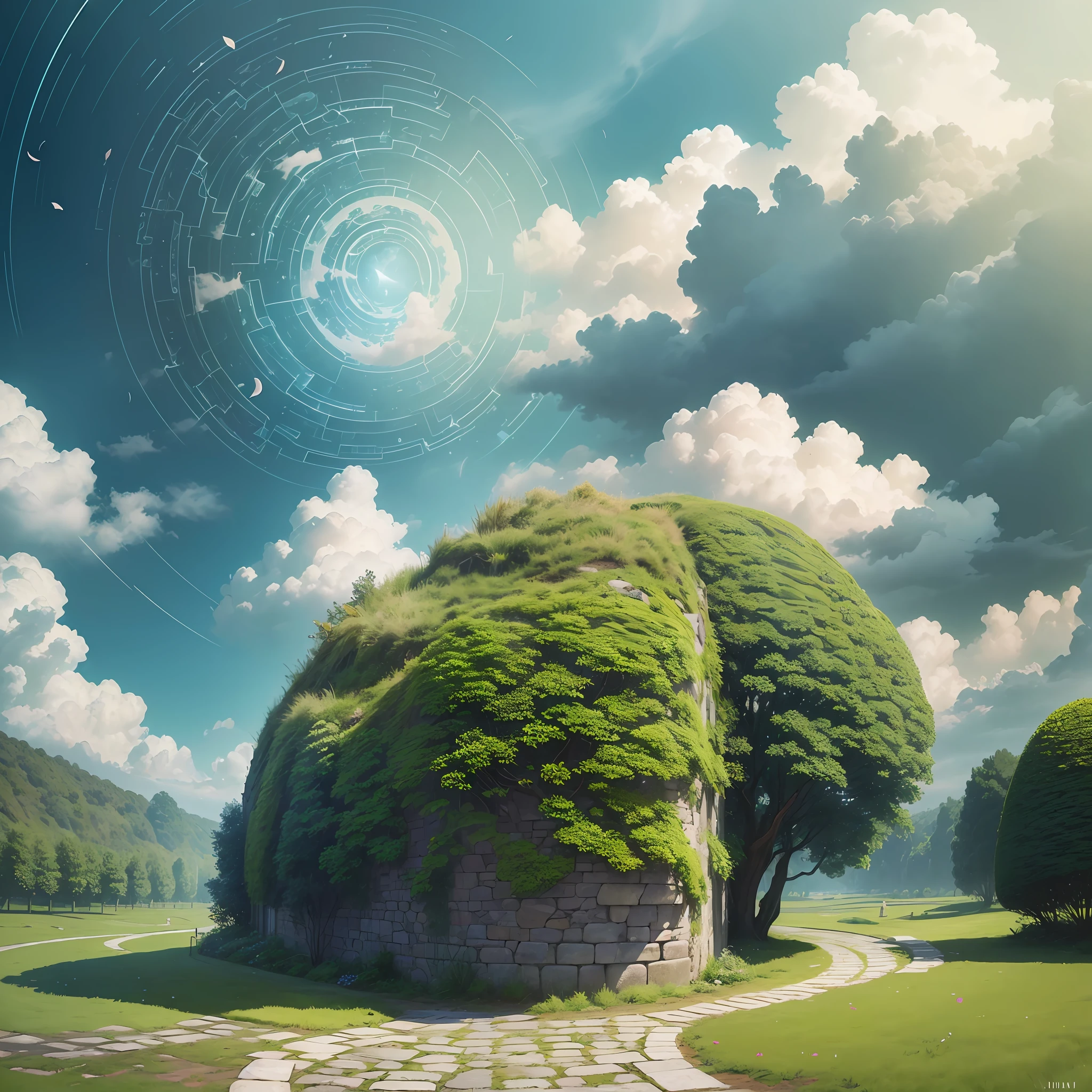 Computer, realistic fantasy, Extensive landscape ultra photography (general view showing the sky, leaves circling in the sky in a huge whirlwind, leaves blazing from the stone pavement, raindrops, ivy-braided wall, petals, A whirlwind of leaves), fog, dawn, blurred background, gloomy, magic --auto --s2