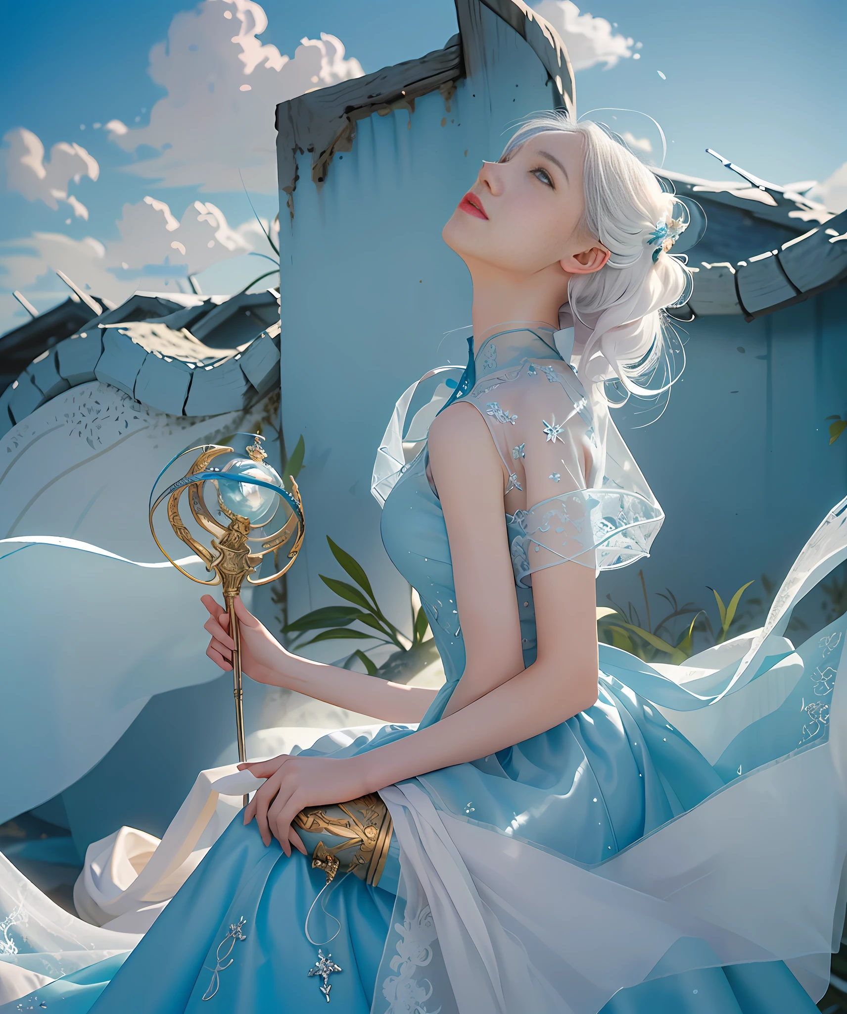 A painting of a woman holding a colored divine stone and divine fire, looking up at the sky, the sky is just below her tail Snake woman mixed, mythical colors, Morebach, Peter Molbach's style, Peter Molbach's style 2 0, Art style in Morebach, Peter Molbach style, Snake woman wearing a white gauze dress, In the style of Peter Molbach, The Serpent Queen has no legs, Peter Molbach and artistic reproduction, looking up at the sky, depth of field fairy under fan, white hair, white gauze skirt, fairy under fan, sky collapse