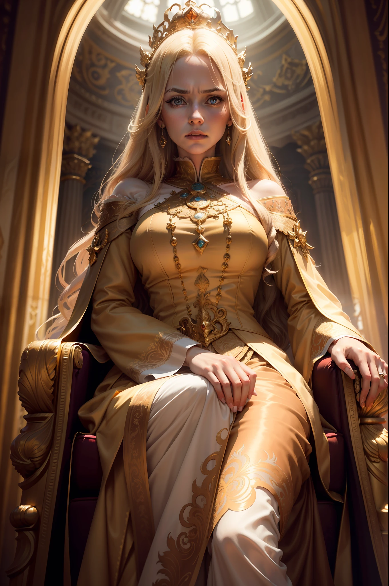 Imposing queen on the throne, blonde hair with golden light from the window - orange shadows, yellow reflections. Gold crown with diamond details, long white dress with gold and red ribbons. His gaze expresses contempt and anger, highlighting furrowed brows and curved lips.

Environment: Imposing throne in the center of the room, marble staircase in front. Intense window behind the queen, highlighting her hair and costume, creating dramatic shadows on her face. Velvet curtains on the window, ornate tapestries on the walls.

Lighting and Image Quality: Use ray tracing reflections and Unreal Render for realistic effects. 8K UHD resolution for maximum quality. Realistic details in the Queen's hair, crown and costume. Bright light coming from the window highlighting her hair and dress.

Full Body: The camera shows the queen in a dominant pose, capturing her full body. She is further away, creating an atmosphere of unreachability.

Additional Elements: Add refined details to the costume, with elegant textures and flowing fabrics. Ornate decorations around the throne to emphasize its royal status.

Observations: The Queen's intense expression and piercing gaze highlight her authority and power. The broad composition shows her dominant presence, while the distance between her and the viewer reinforces her unattainable position.