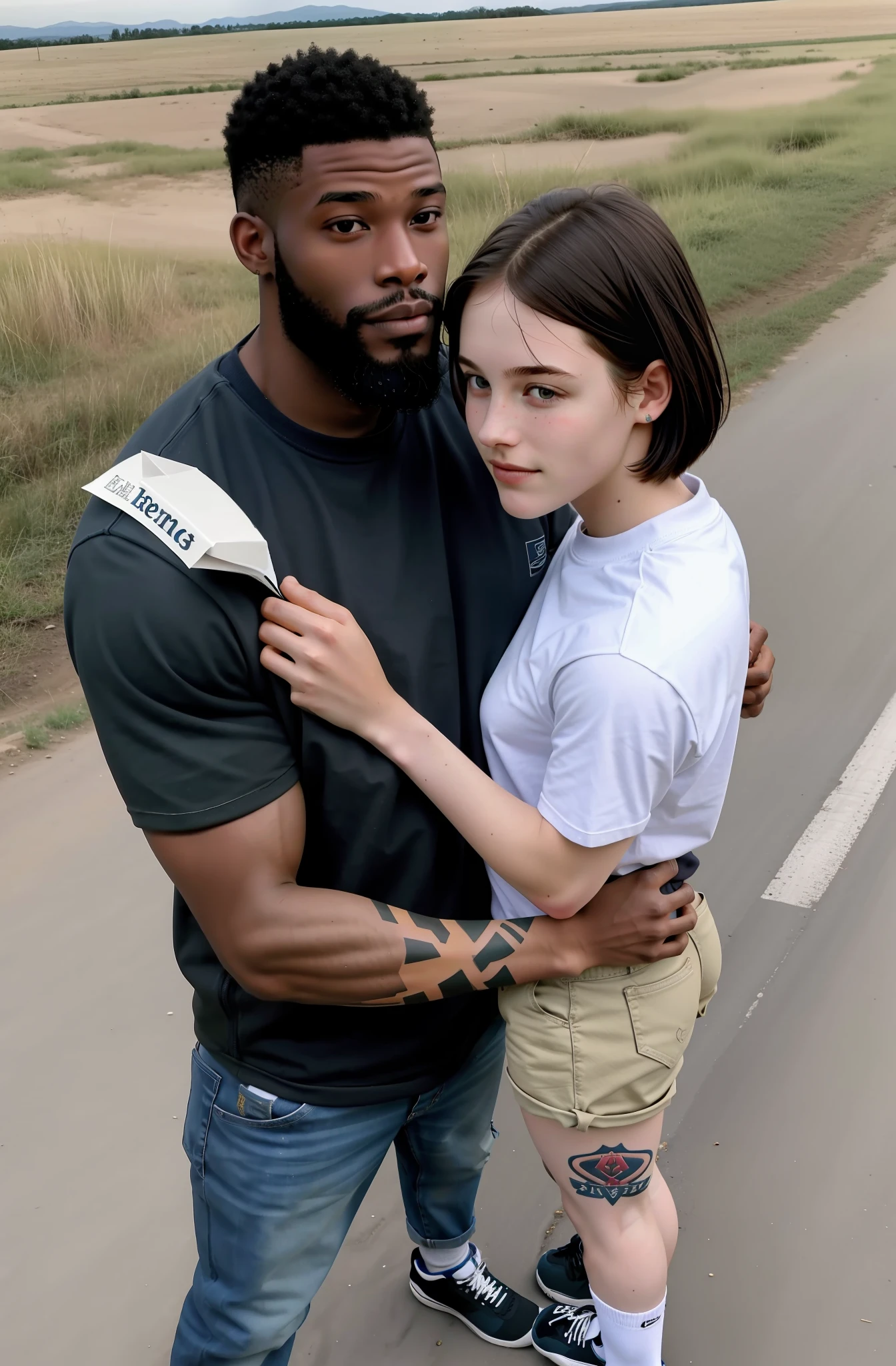 1 girl and 1 boyfriend, photo facing camera, stunning attractive, white american girl, girl,
detailed spots, veins, pores, (freckles:0.8), skin imperfections, attractive face, smile,
(sexy clothing: 1.1),
highly detailed bright eyes, (looking at the camera), spectacular lighting, dslr, ultra quality, sharp focus, sharp stud, dof, film grain, centered, Fujifilm XT3, (realistic hair: 1.2), (realistic eyes: 1.2), (beautiful face: 1.3), perfect body, pale white skin, (top angle:1.3), caucasian girl, 14 years ol, very beautiful face, wearing dress and short booty with socks, Dark and short hair, walking on dirt road, rural environment, carrying school supplies, going to school. Nigerian boyfriend, 29 years old, very black, muscular and strong and tall, several tattoos on his face, beard, similar to singer Seal, hugging white girl,