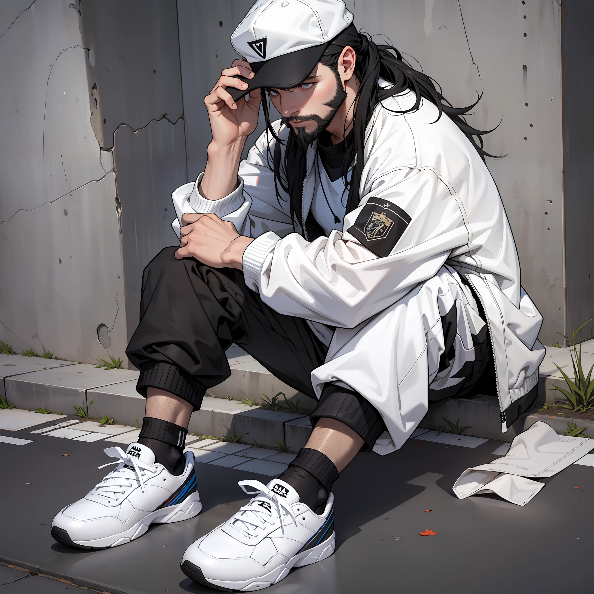 man, short beard, medium long hair, wearing white dirty crew socks relaxing, sitting on a concrete block, full body, black loose suit pants, non sport pants, small athletic, white male, cap, soccer sneakers, Spanish,