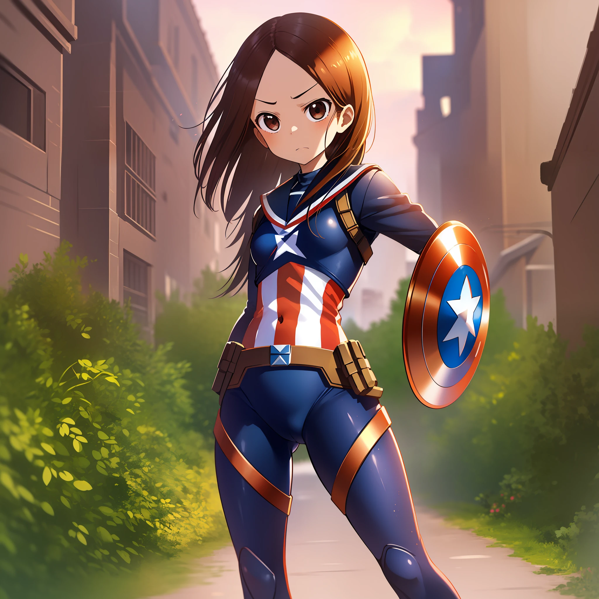 (Masterpiece, Superb Quality, Super Detailed, High Resolution), Female Focus, Little Girl, (Captain America Suit), Angry Emoticon, (Hands on Hips), (((Solo))), School, Background Detail, Full Body