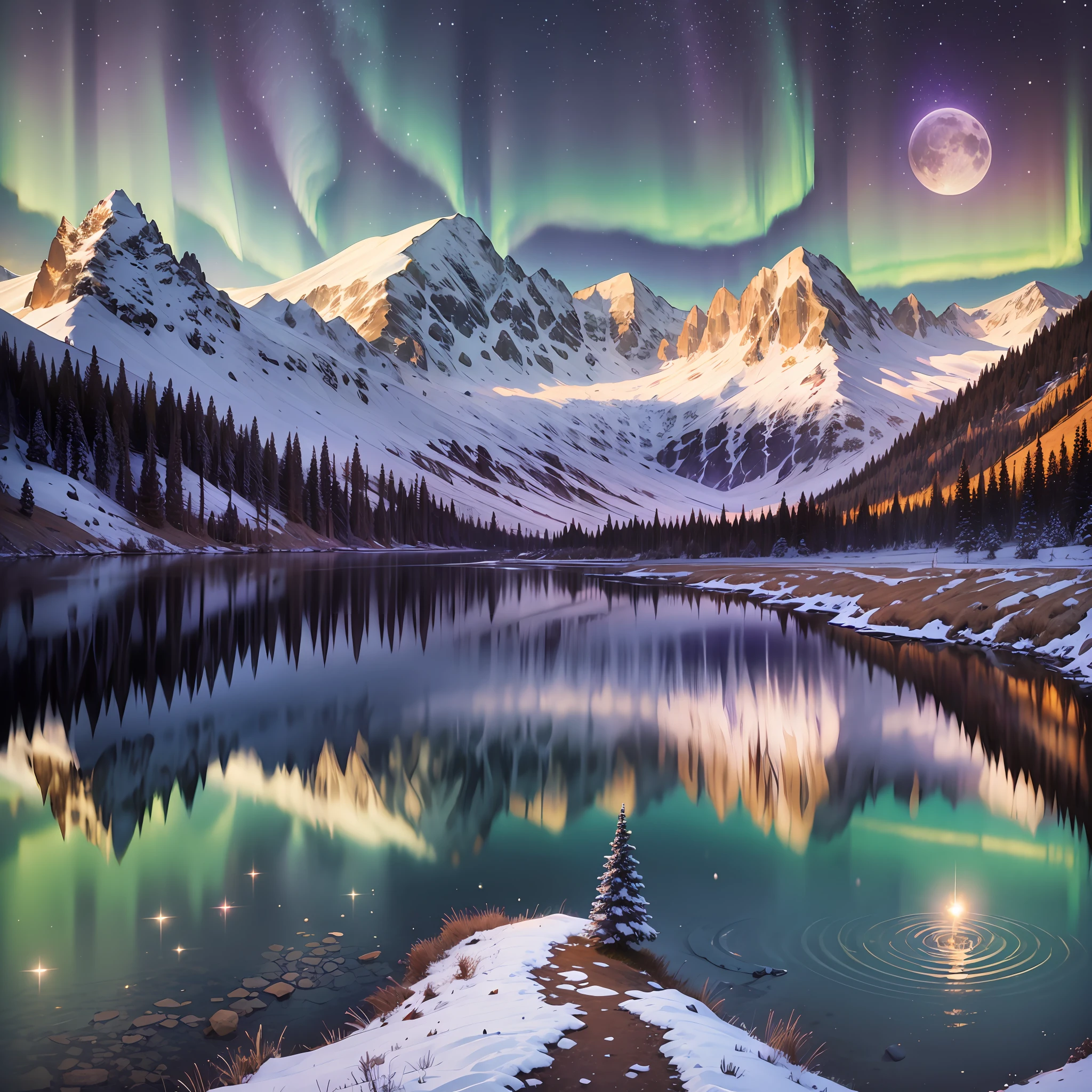 fireworks, aurora, moon, purple, blue, lake, beautiful, iridescent, fantastic, moon reflecting in lake, sandy beach, snowy mountain, night, full moon, travel, wolf, strawberry moon, cold, snow, night view
2048×2048 --auto --s2