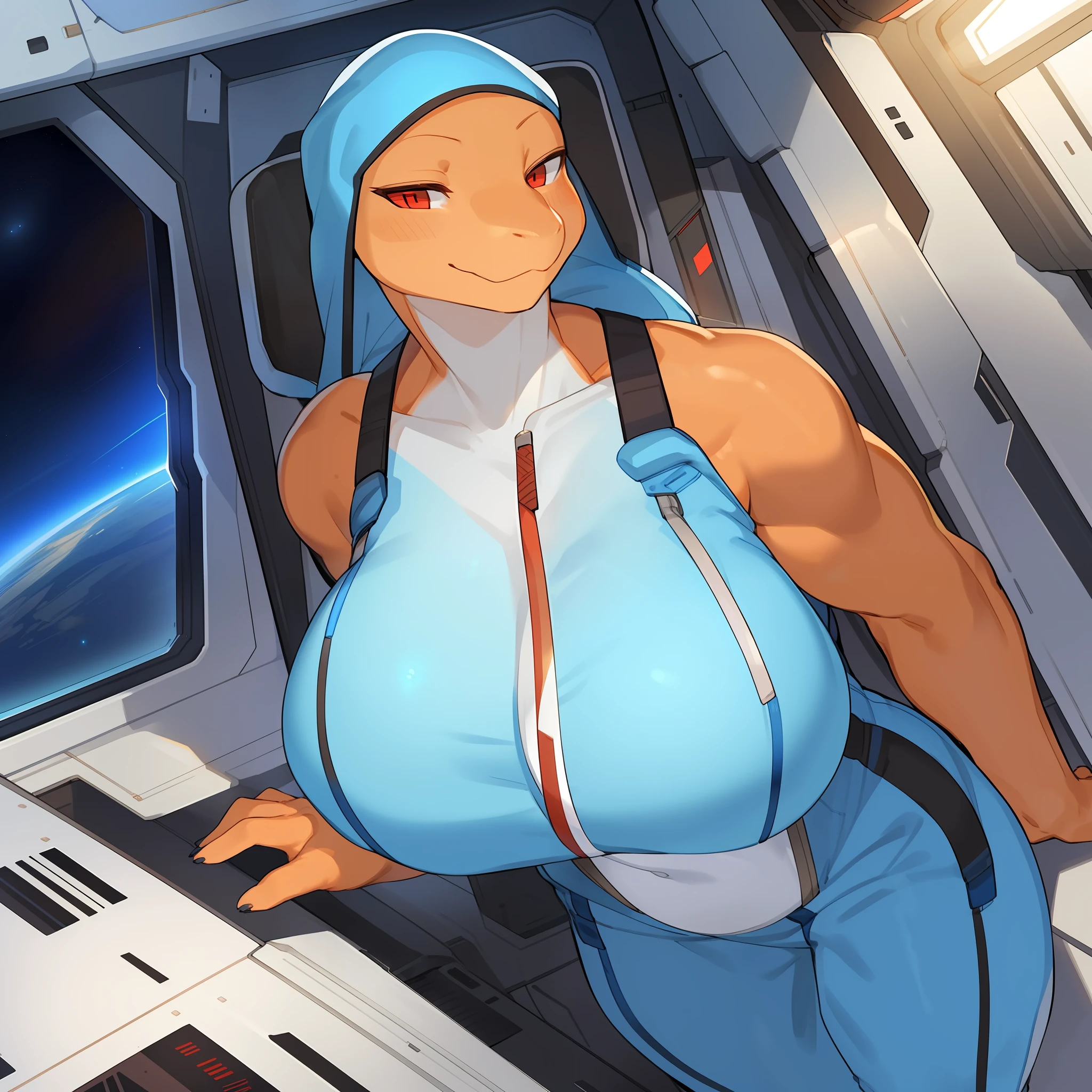 Solo, female, muscular, snake, orange skin, orange body, red eyes, smirking, baby blue jumpsuit, baby blue spacesuit, cleavage, big breasts, overweight, fat, spaceship, space, window, detailed hands, detailed eyes, by bebebebebe, by buta99, by pgm300, by suurin 2, by kishibe, by sindoll, by cervina7, by lynncore, by Vader-san, (((by con5710)))