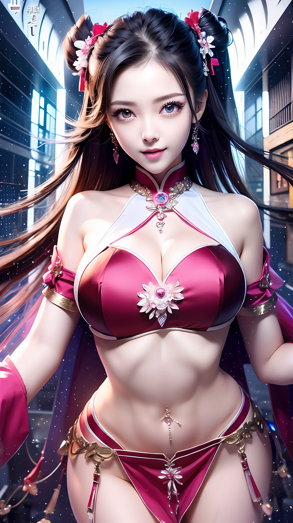 official art, masterpiece, sharp focus, (beautiful gorgeous cute Korean woman:1.3), (beautiful cute korean:1.3), korean beauty, Delicate and beautiful hair and eyes and face, realistic, ultra detailed, beautiful girl, blue sky, glow white particle, (sidelighting:1.2), sun light, white cloud, detailed clouds, slender, Lovely very large breasts and very large hips, smile with teeth, ((smile with eyes, open both eyes)), scenery, long straight hair, sexy facial expression, building, (cityscape:1.7), dynamic hair, long straight hair, detailed platinum pink hair, glow blue eyes, (blue pleated shirts + white skirt), white long socks, pale skin, hair ornament, epic scenery, --auto --s2