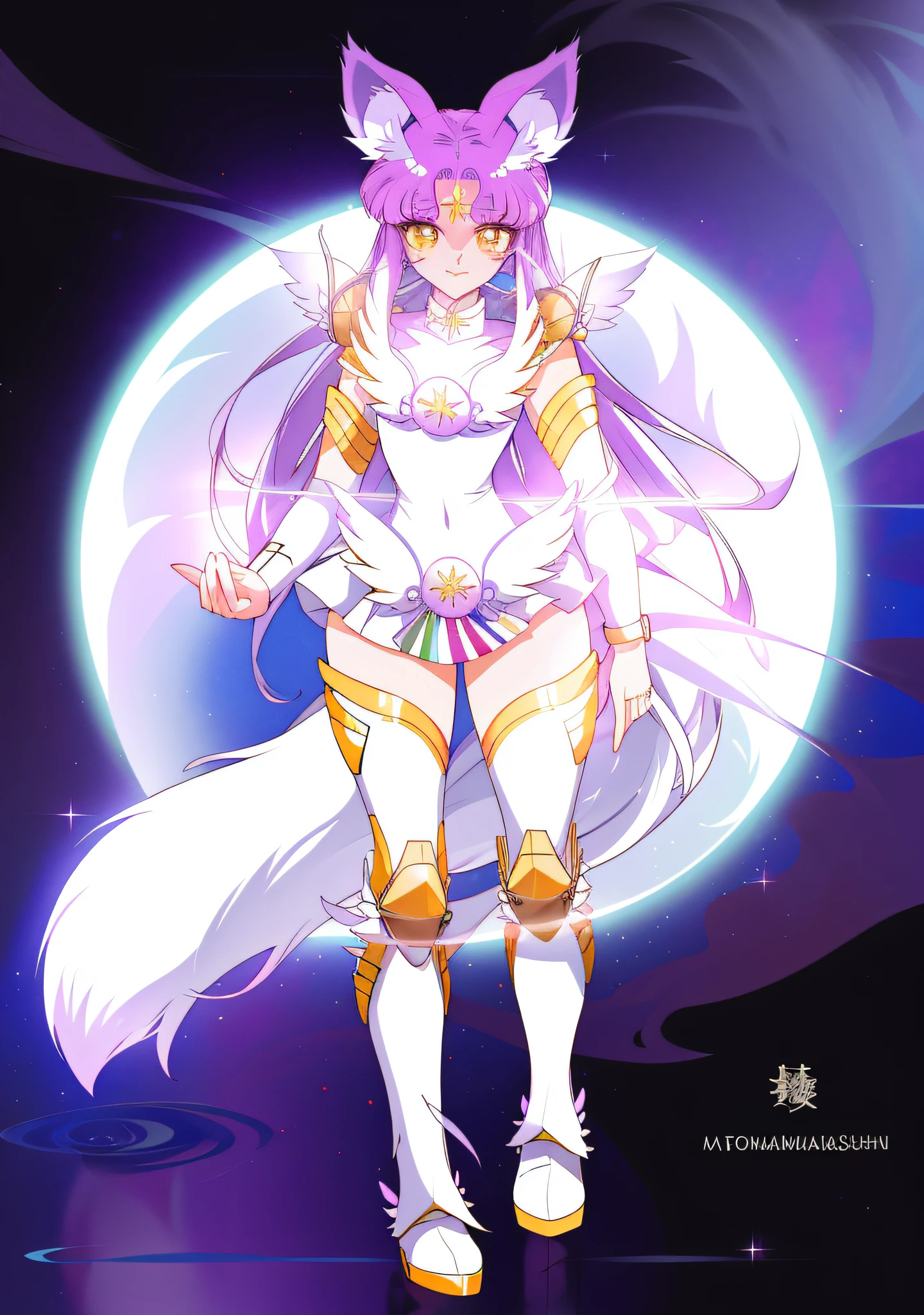 a cartoon picture of a woman in a white outfit with a purple and gold tail, star guardian inspired, knights of zodiac girl, long haired humanoid fursona, holo if a wolf girl, holo is a wolf girl, female anthropomorphic wolf, kitsune inspired armor, inspired by Matsumura Goshun, humanoid form