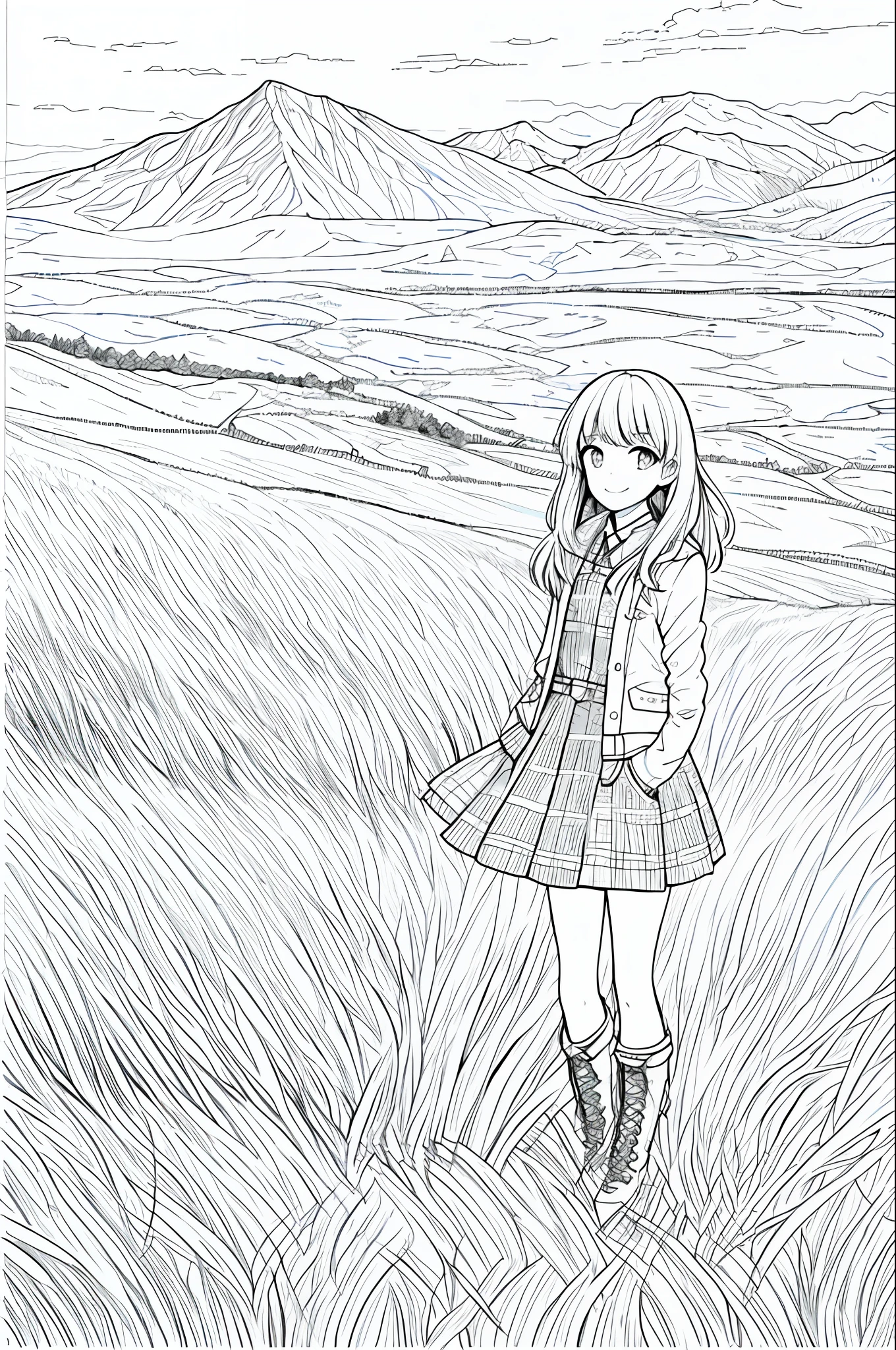 masterpiece, best quality, 1girl, solo, light smile, mountain, lake, meadow, panorama, jacket, kneehighs, boots, lineart, monochrome,