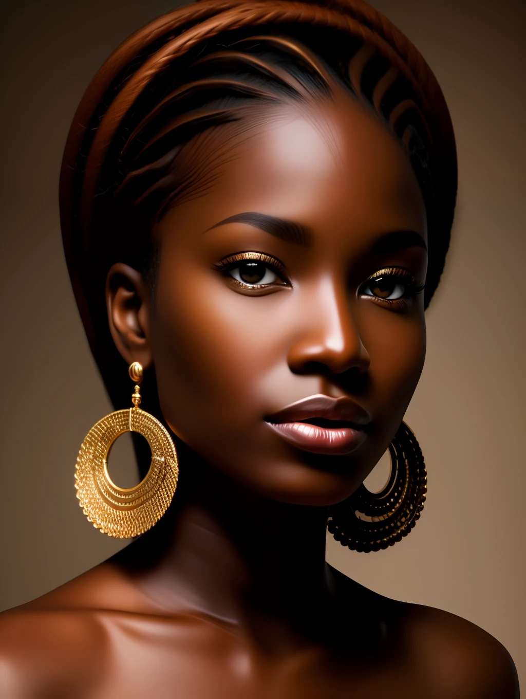 Black woman, coffee color skin with reddish hue, unbelievably beautiful, honey eyes, hyper realistic  facial details, golden ratio beauty, defined clothing ,haute couture style clothing, short pompadour dreadlocks, shaved at temples, hd crisp, cannon 6d, wide angle camera, full body shot, frontal view,  concept art,masterpiece, anatomically perfect, photorealistic, complimentary light, looking at the camera