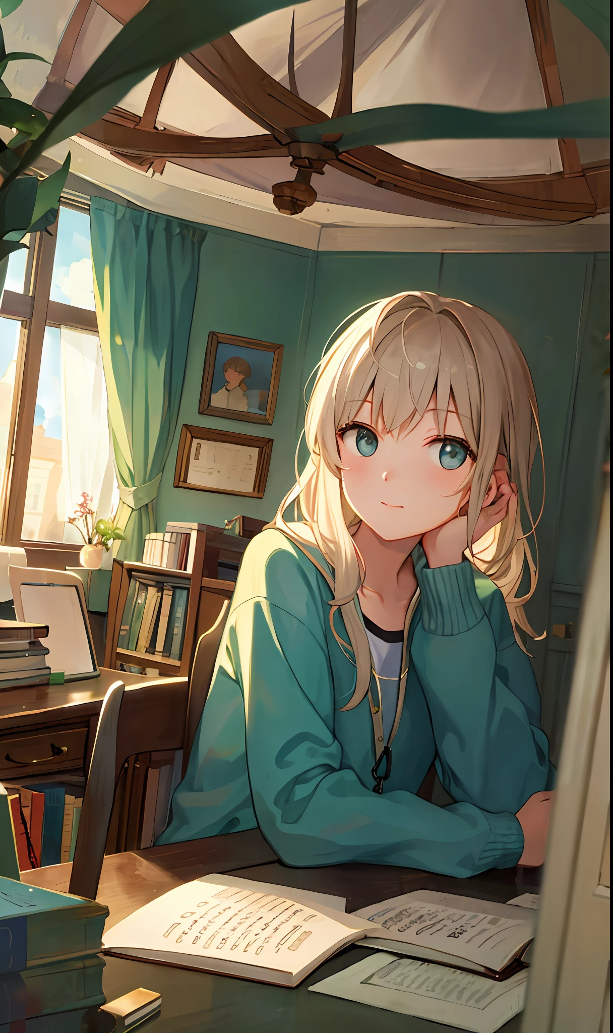 ((masterpiece, highest quality)), (1 person), girl, girl, novelist, writing, desk, summer