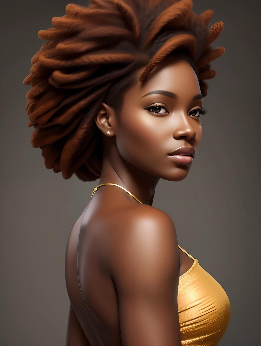 Black woman, coffee color skin with reddish hue, unbelievably beautiful, honey eyes, hyper realistic  facial details, golden ratio beauty, defined clothing ,haute couture style clothing, short pompadour dreadlocks, shaved at temples, hd crisp, cannon 6d, wide angle camera, full body shot, frontal view,  concept art,masterpiece, anatomically perfect, photorealistic, complimentary light, looking at the camera