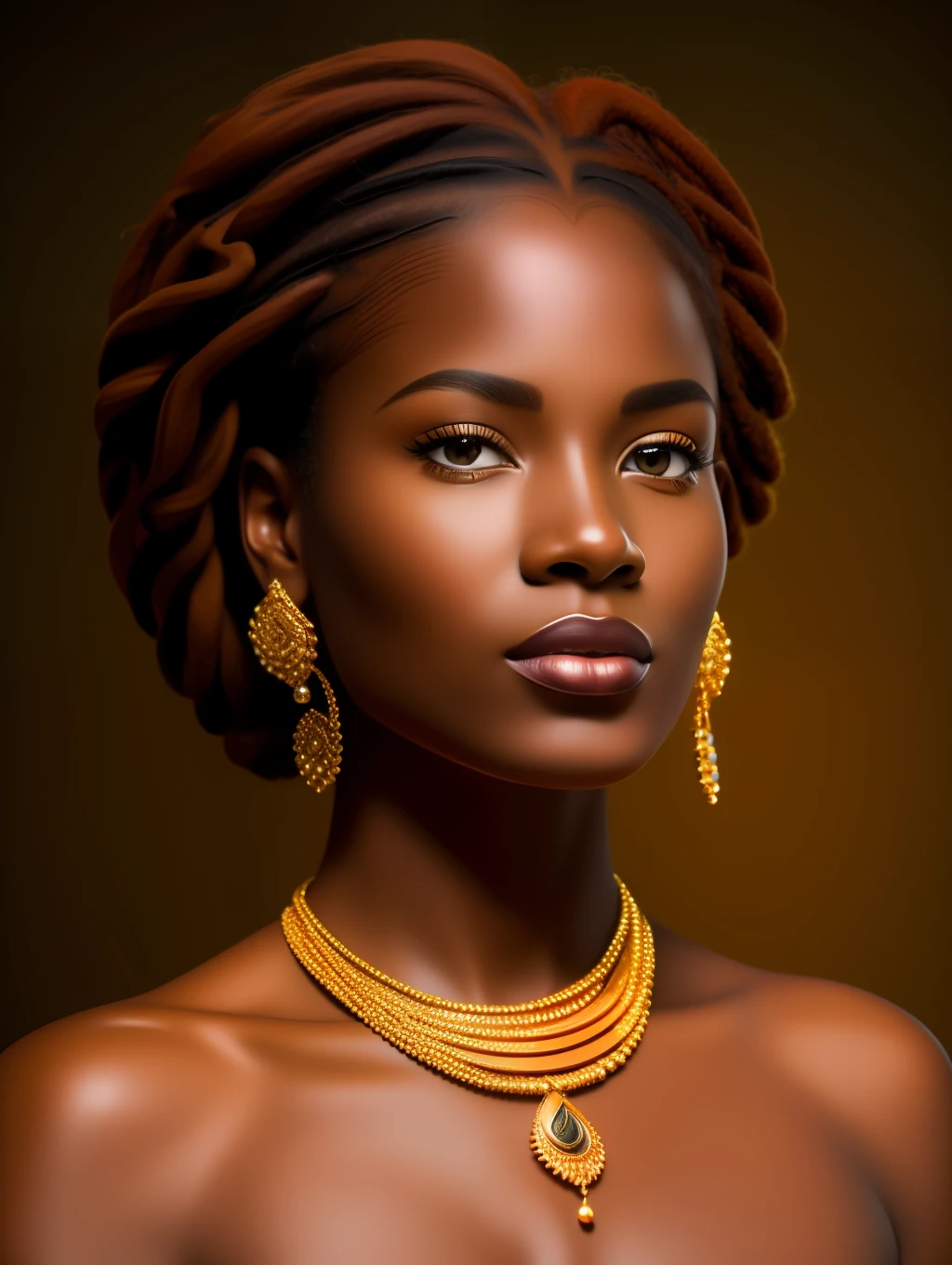 Black woman, coffee color skin with reddish hue, unbelievably beautiful, honey eyes, hyper realistic  facial details, golden ratio beauty, defined clothing ,haute couture style clothing, short pompadour dreadlocks, shaved at temples, hd crisp, cannon 6d, wide angle camera, full body shot, frontal view,  concept art,masterpiece, anatomically perfect, photorealistic, complimentary light, looking at the camera