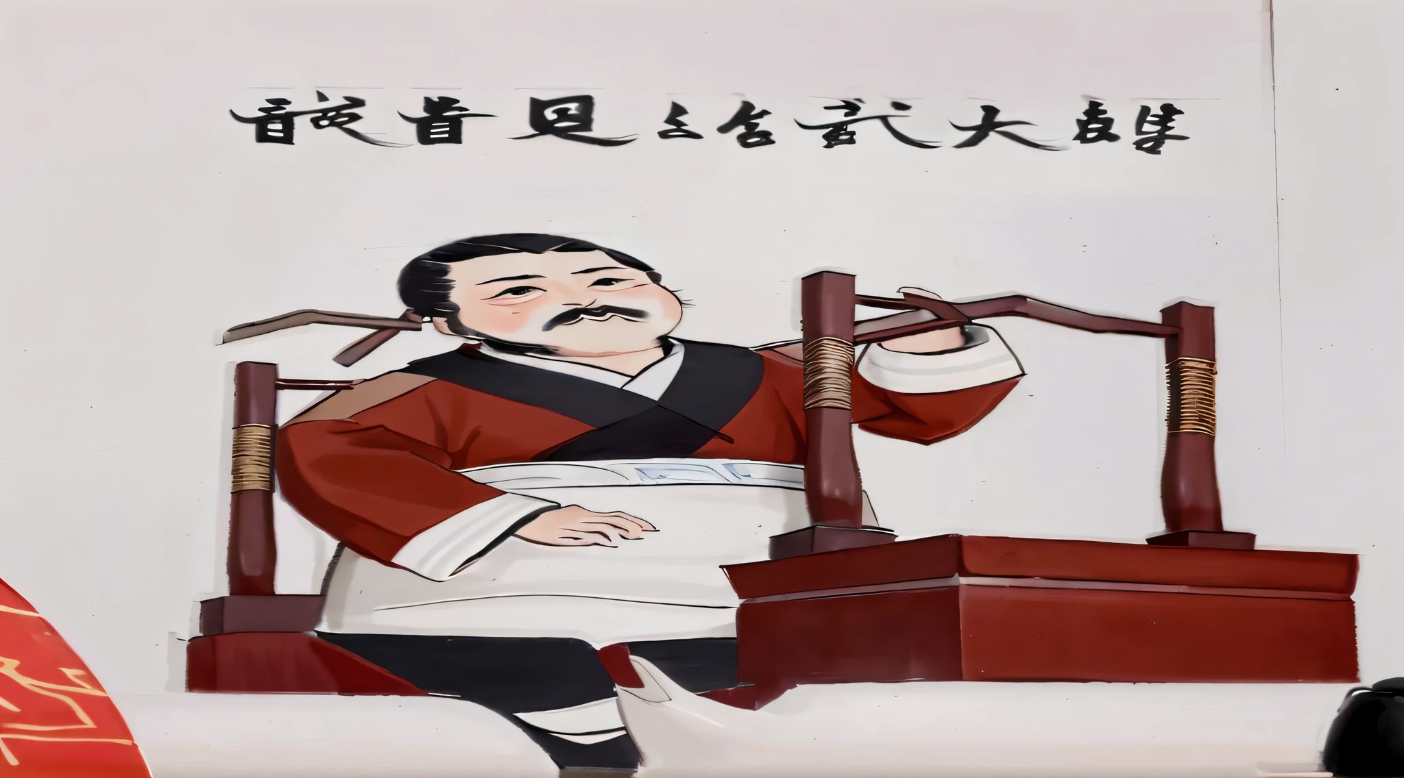 there is a picture of a man sitting on a chair with a red umbrella, artwork in the style of z.w. gu, inspired by Dong Yuan, inspired by Chen Daofu, inspired by Cao Zhibai, inspired by Yang Buzhi, inspired by Guan Daosheng, style of guo hua, inspired by Zhang Shunzi