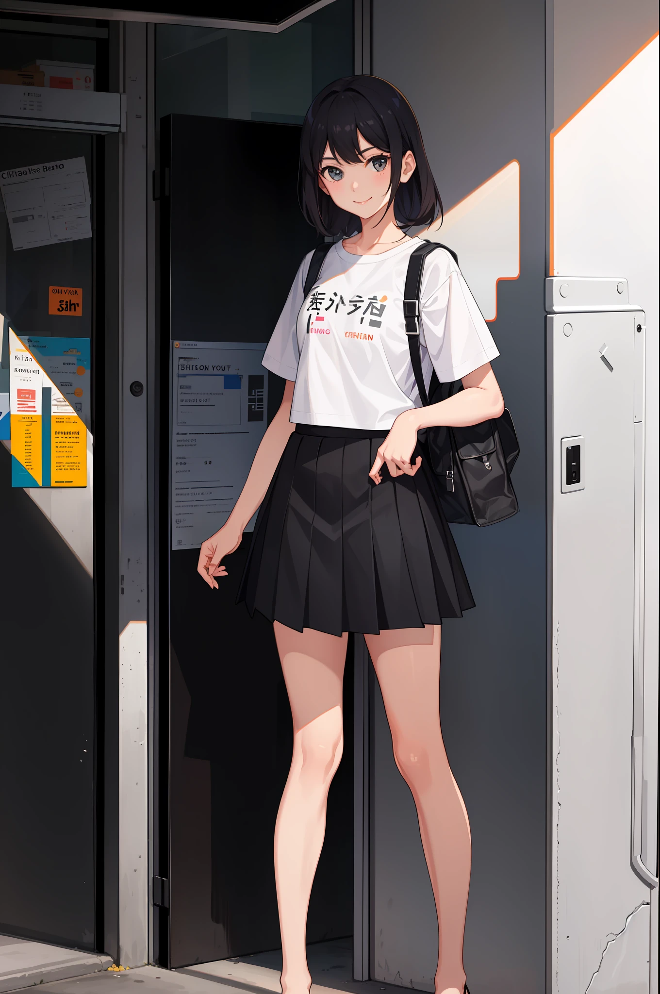 1 girl, smile, shirt, skirt, (small) chiralism,