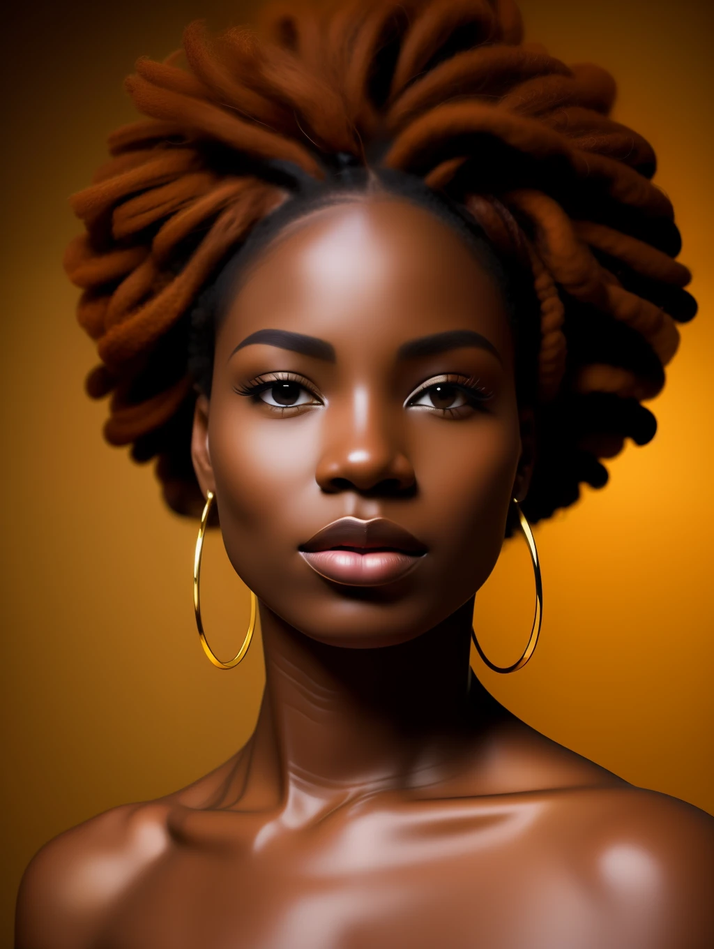 Black woman, coffee color skin with reddish hue, unbelievably beautiful, honey eyes, hyper realistic  facial details, golden ratio beauty, defined clothing ,haute couture style clothing, short pompadour dreadlocks, shaved at temples, hd crisp, cannon 6d, wide angle camera, full body shot, frontal view,  concept art,masterpiece, anatomically perfect, photorealistic, complimentary light, looking at the camera