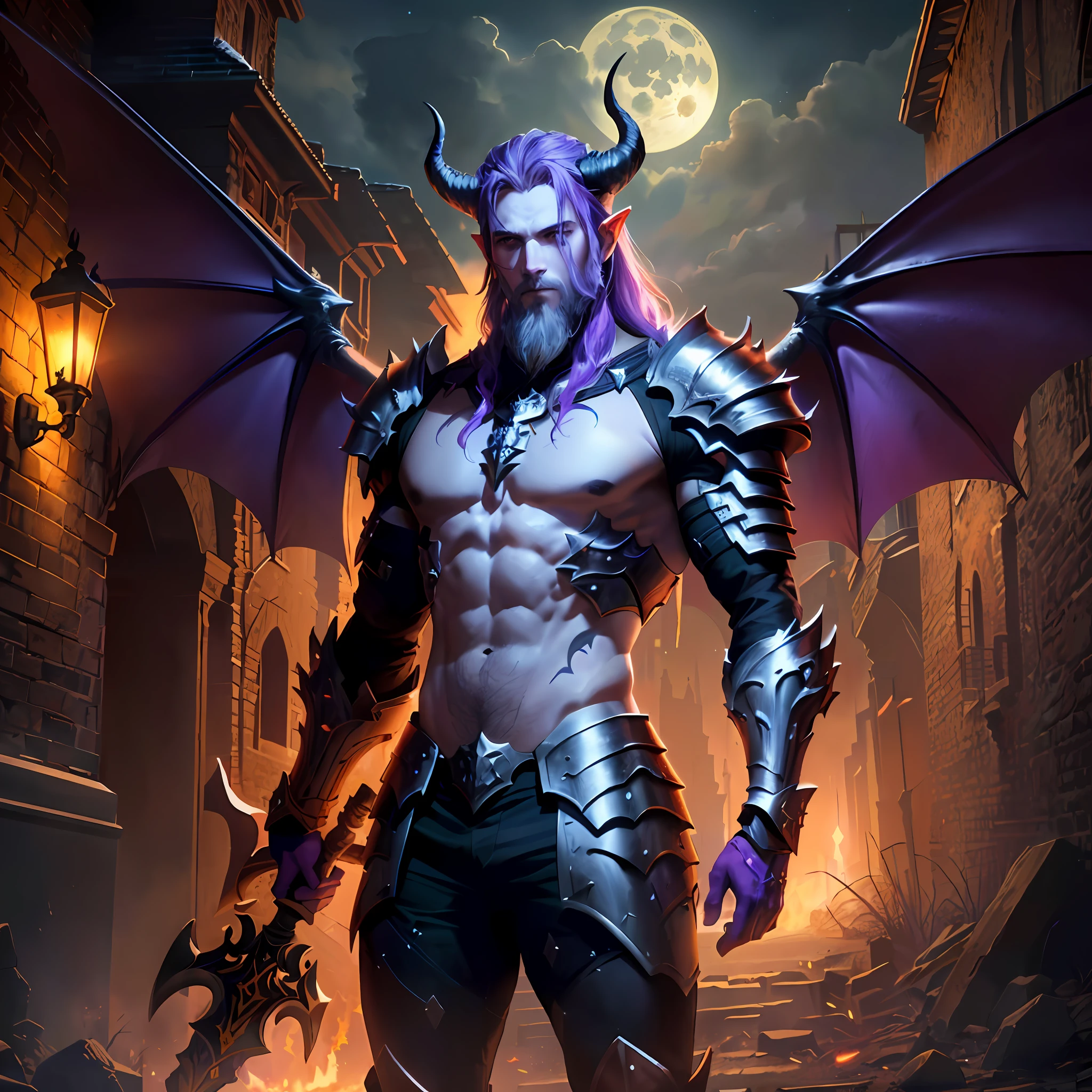 Realistic man 1.4, wearing 1.4 mage outfit, holding staff, with purple stone, ultra 1.4 realistic observing medieval city, on fire, dragon flying over the same city, with red moon background, realistic RPG games