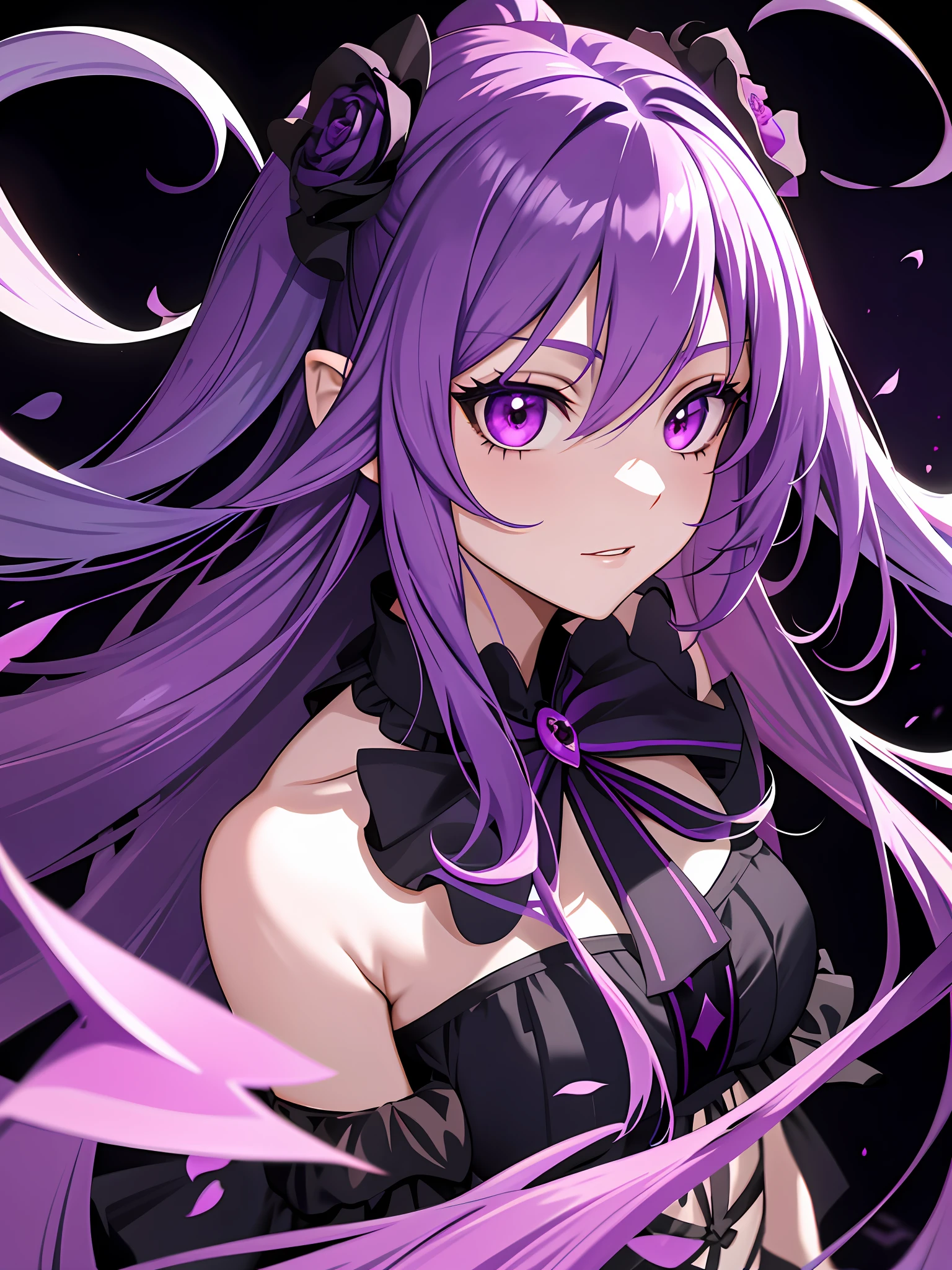 a close up of a person with long purple hair, purple eyes, portrait gapmoe yandere grimdark, anime moe artstyle, gapmoe yandere grimdark, violet and black, gothic maiden anime girl, black dresses, flower petal in ear