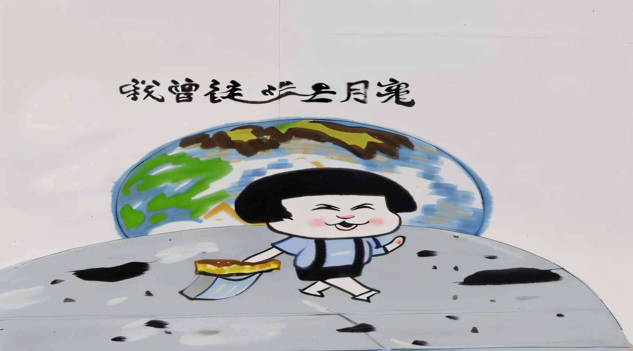 cartoon of a woman walking on a moon with a piece of bread, 千 葉 雄 大, inspired by Chen Daofu, inspired by Li Tiefu, hand painted cartoon art style, inspired by Pan Tianshou, inspired by Luo Ping, artwork in the style of z.w. gu