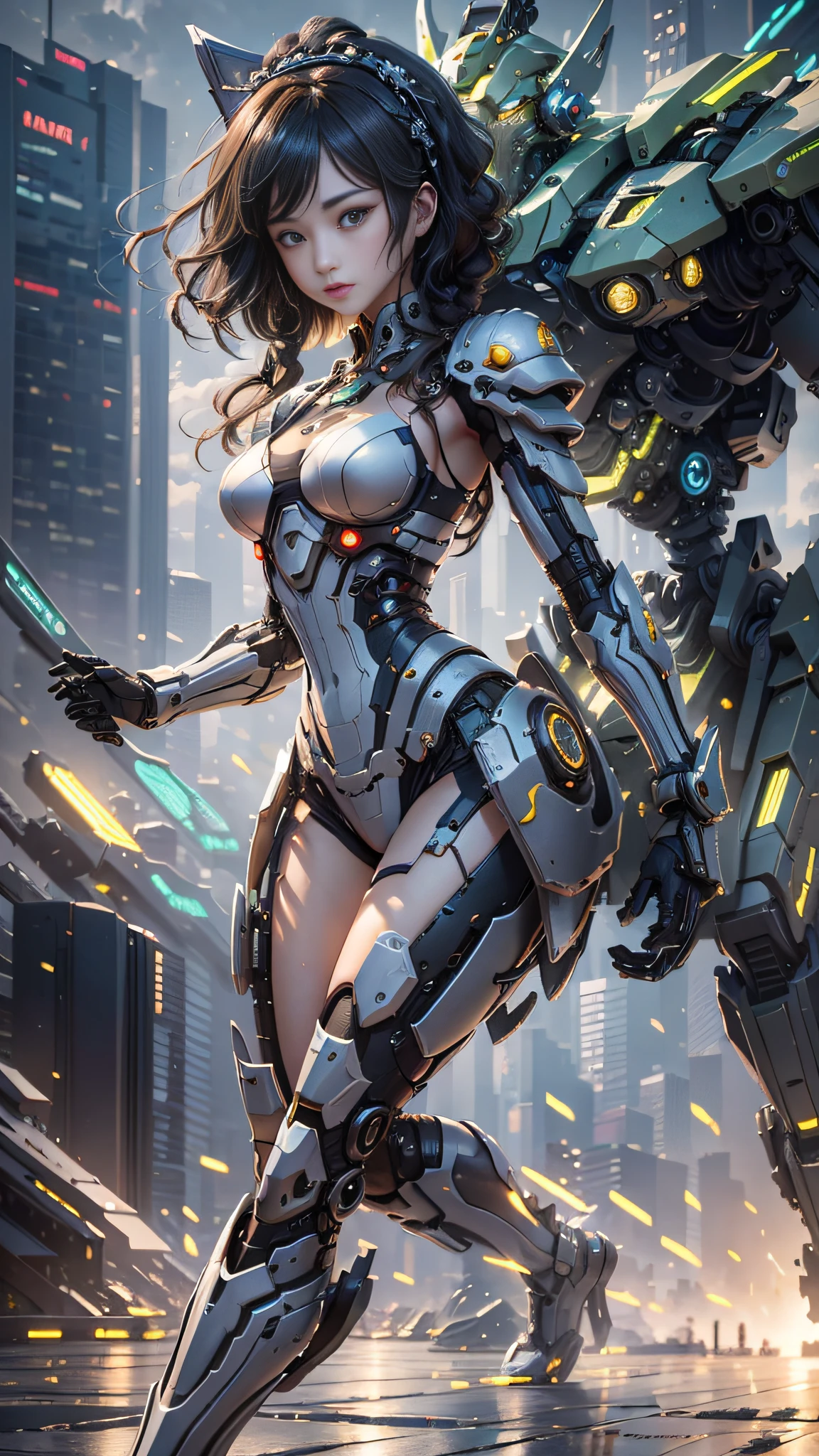 ((Best Quality)), ((Masterpiece)), (Very Detailed: 1.3), 3D, Icaru valkirie-mecha, Beautiful cyberpunk woman wearing crown, with master chef style armor, sci-fi technology, HDR (High Dynamic Range), ray tracing, nvidia RTX, super resolution, unreal 5, subsurface scattering, PBR texture, post-processing, anisotropic filtering, depth of field, maximum sharpness and sharpness, multi-layer texture, Specular and albedo mapping, surface shading,  accurate simulation of light-material interactions, perfect proportions, octane rendering, duotone lighting, low ISO, white balance, rule of thirds, wide aperture, 8K RAW, high efficiency subpixels, subpixel convolution, light particles, light scattering, Tyndall effect, very sexy, full body, battle pose, black hair with braids,