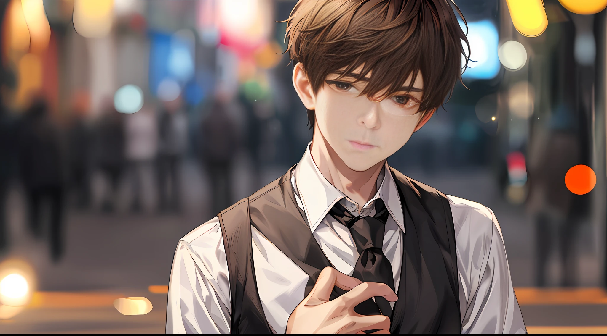 1boy, face focus, adult, detail background, depth of field, lighting, background bokeh, street, city, (delicate face: 1.3), short hair, brown hair, delicate facial features, black vest, white shirt