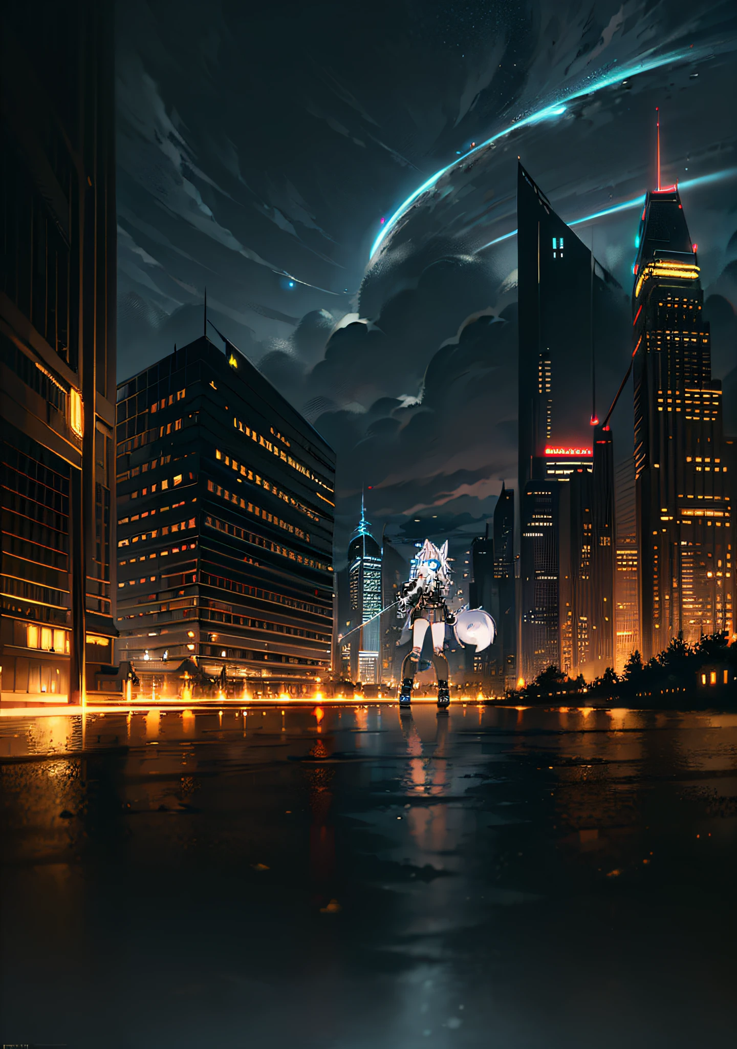 ((Best Quality)), ((Masterpiece)), (detailed), Bright Eyes, Panorama, Solo, Furry, Furry Female, Female Focus, Anthr, (Full Body Fur, Fluffy Tail, White Fur, Blue Eyes, White Hair: 1.2), Long Hair, Girl, Cloud, Sky, Sky, Moon, On Cloudy Day, No Spots, Wolf Type, Humanoid, Wind, Full Shot, Gray-Black Trench Coat, Black Shorts, White Shirt, Wolf Ears, Wolf Tail, Standard with Sword, Gloomy Face, Sideways, Sideways, Wind Magic,Lights on Armor, Cybernetic Headgear, Dynamic Pose, Post-apocalyptic Scene, Destroyed City Background, Buildings on Fire, HDR, Ray Tracing, NVIDIA RTX, Super Resolution, Unreal 5, Subsurface Scattering, PBR Textures, Post Processing, Anisotropic Filtering, Depth of Field, Maximum Clarity and Acutance, Rule of Thirds, 8K Primor, (Glow Particle: 1.4), (Very Detailed CG, Unity 8K Wallpaper, 3D, Cinematic Lighting, Lens Halo), Reflections, Sharp focus, post-punk art, post-punk architecture,