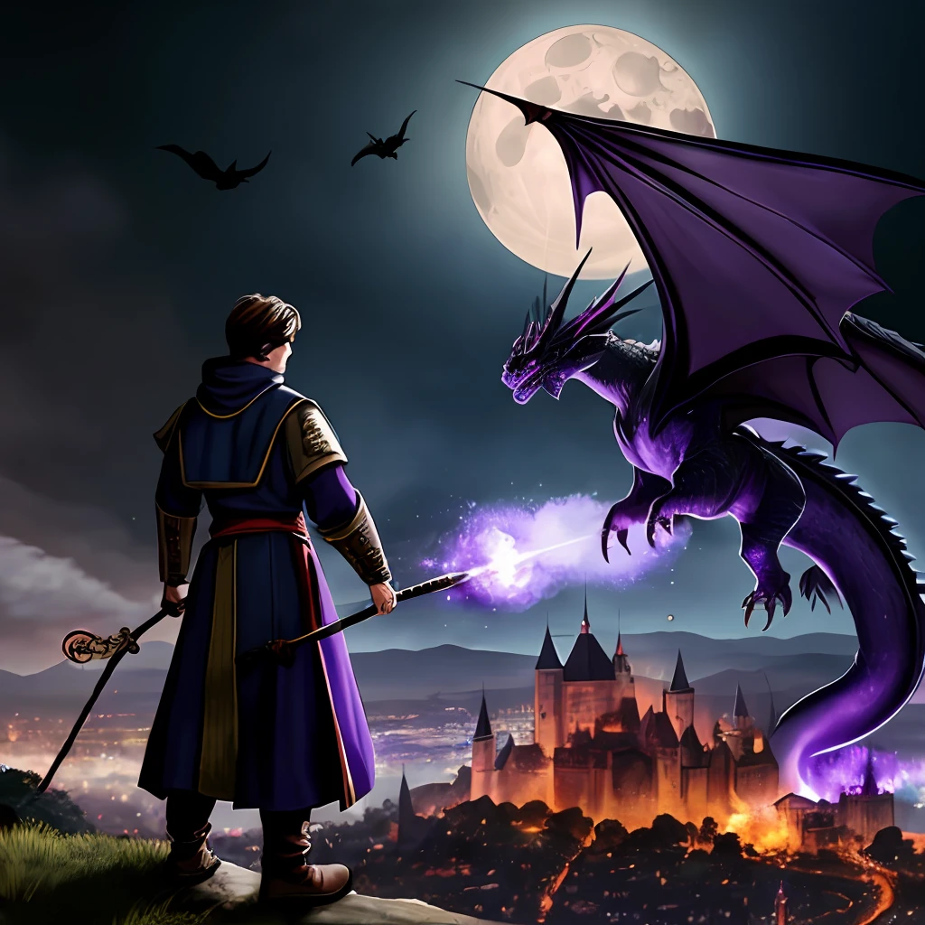 Man, wearing wizard's clothing, holding staff, with purple stone, ultra realistic watching medieval city, on fire, dragon flying over the same city, with red moon background, realistic RPG games