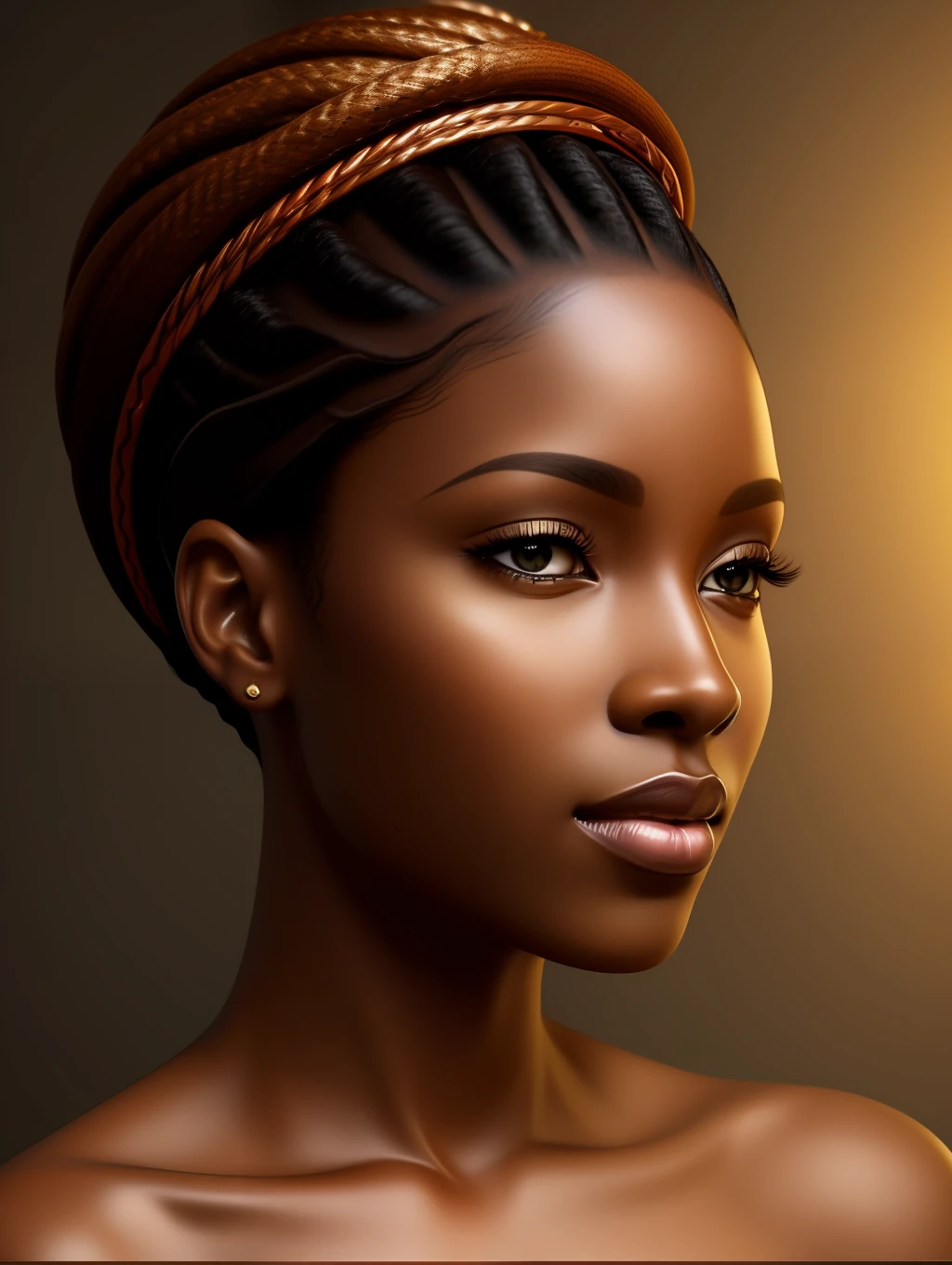 Black woman, coffee color skin with reddish hue, unbelievably beautiful, honey eyes, hyper realistic  facial details, golden ratio beauty, defined clothing ,haute couture style clothing, short pompadour dreadlocks, shaved at temples, hd crisp, cannon 6d, wide angle camera, full body shot, frontal view,  concept art,masterpiece, anatomically perfect, photorealistic, complimentary light, looking at the camera