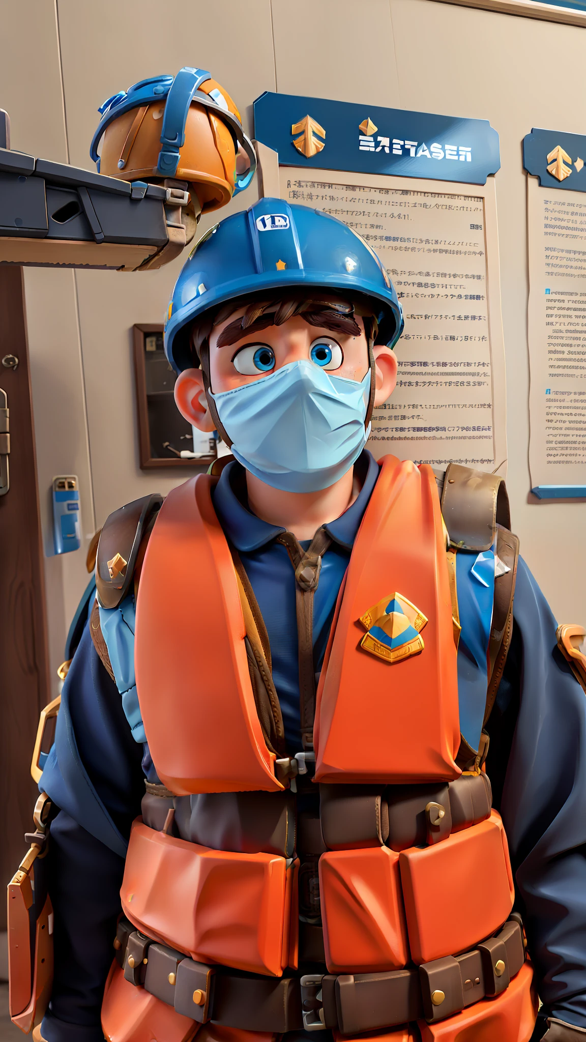 (masterpiece), best picture quality, real and delicate, (1boy), man in safety vest and blue helmet, helmet, young and cute, integrated with the scene, 3D effect is superb.