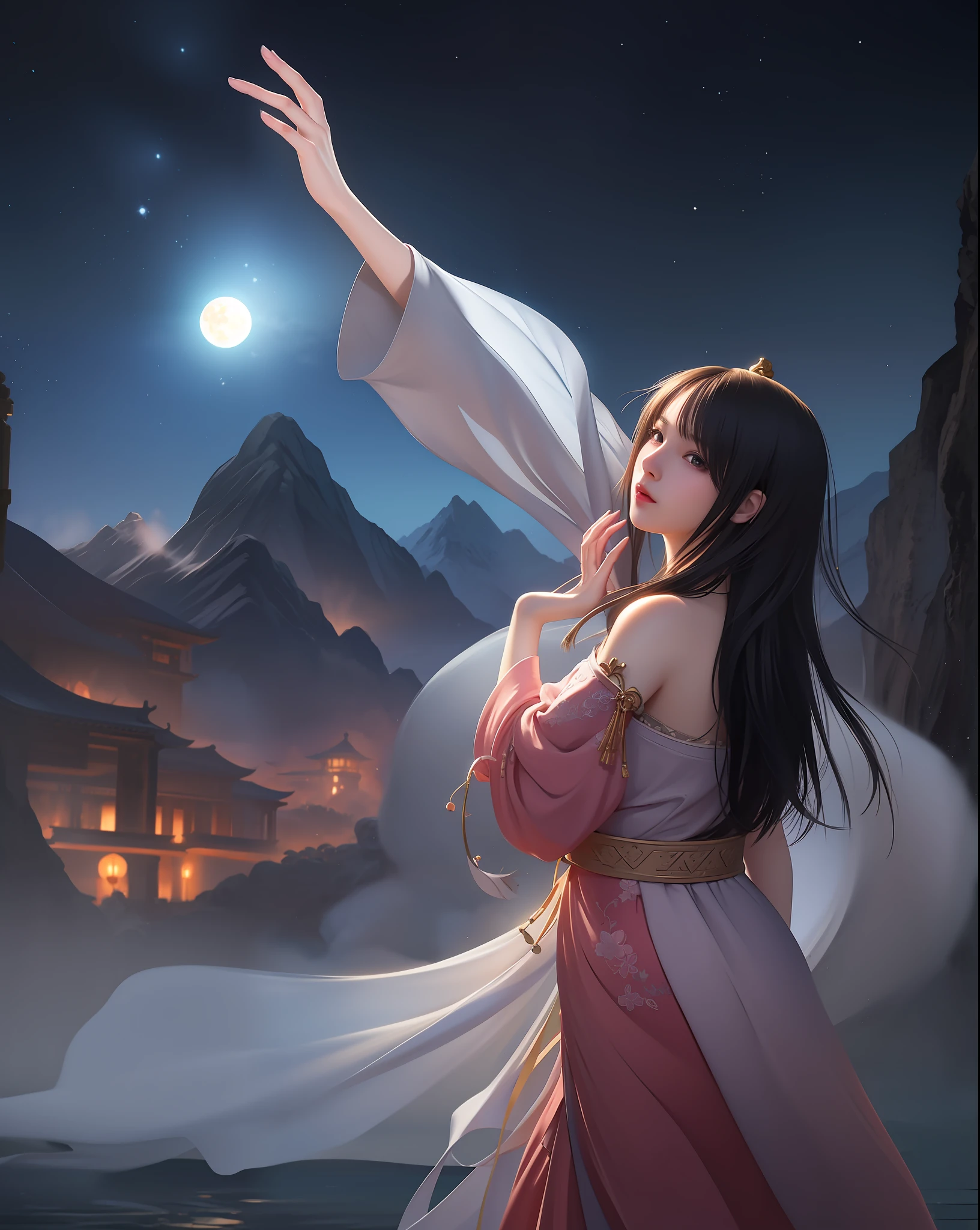 (8k, RAW photo:1.2), best quality, ultra high res,dramatic angle,(fluttered detailed color splashs), (illustration),(((1 girl))),(long hair),(rain:0.9), (头饰:1.4),少女身边有一座古宫,汉服,(重点),彩色水墨画,(泼彩),泼彩,(((colorful))),(素描:0.8) , Masterpiece, best quality, beautiful painted, highly detailed,(denoising:0.6),[splash ink],((ink refraction)), (beautiful detailed sky),moon,highly,detaild,(masterpiece, best quality, extremely detailed） CG unity 8k壁纸，杰作，最好的质量，超详细），（石蒜），