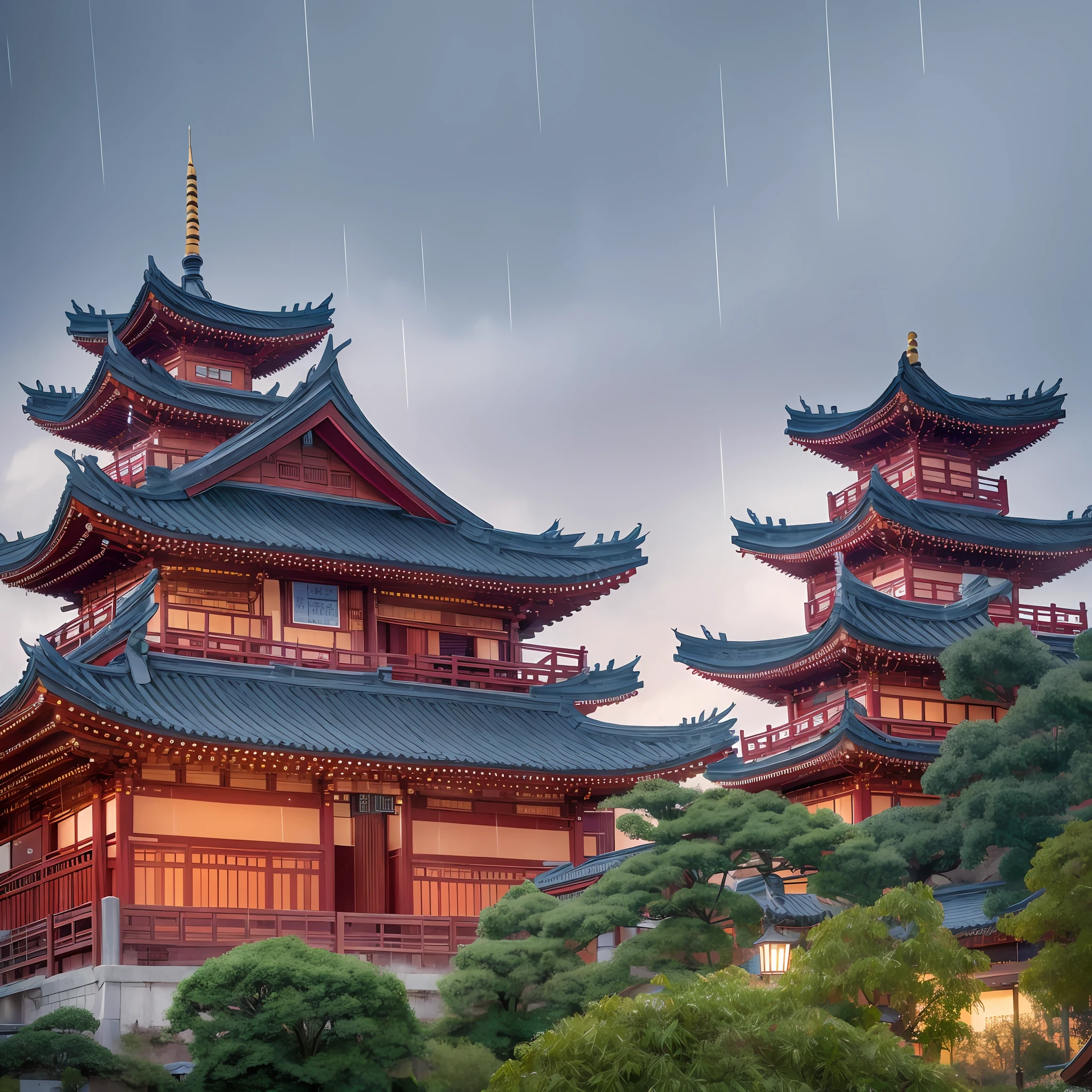 arafed view of a village with a lot of lights on the buildings, dreamy chinese town, chinese village, amazing wallpaper, japanese town, japanese village, hyper realistic photo of a town, old asian village, japanese city, by Raymond Han, rainy evening, cyberpunk chinese ancient castle, beautifully lit buildings, at evening during rain, beautiful and aesthetic, photography, cinematic, 8k, high detailed ((Heavy rain))) --auto --s2