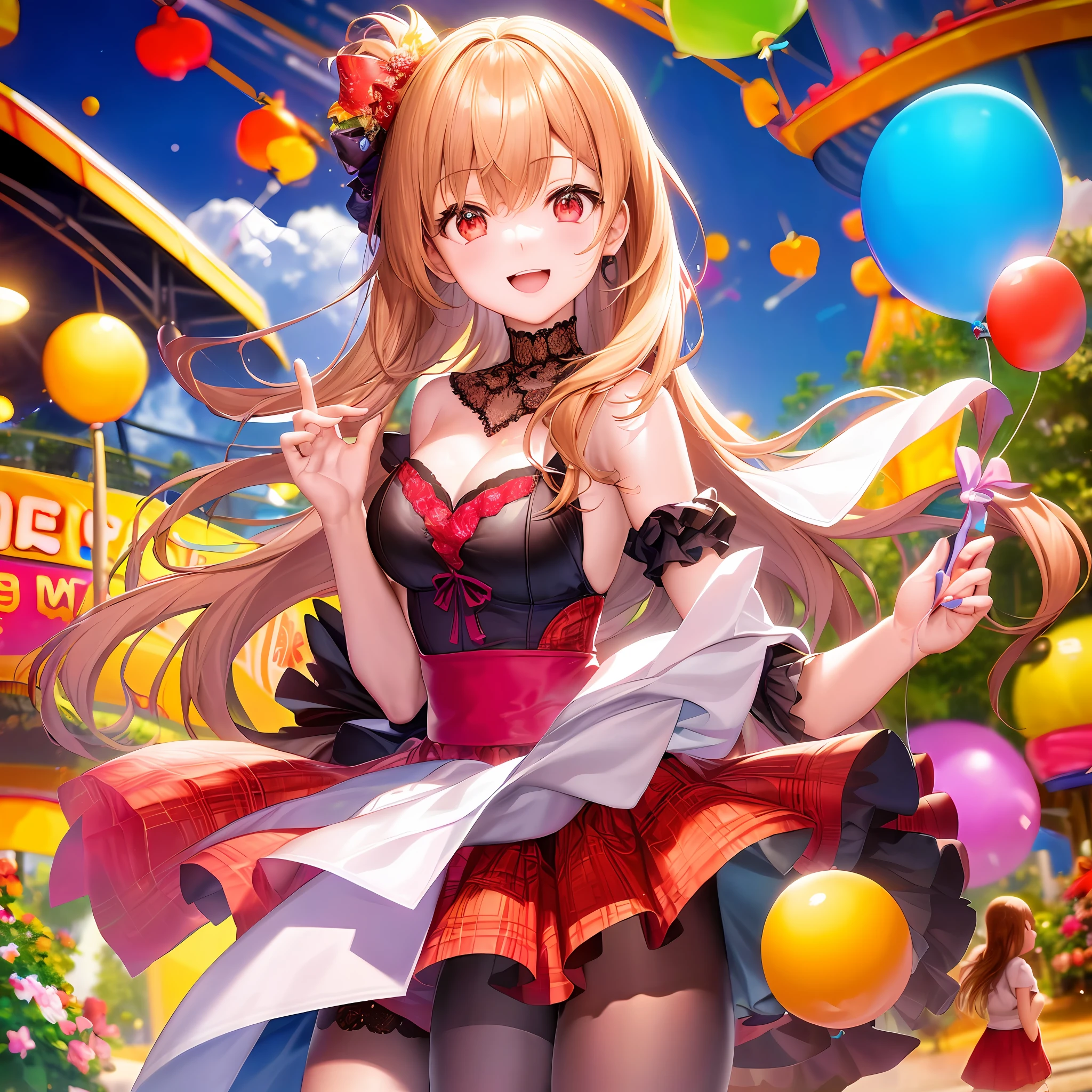 Two girls, amusement park, holding balloons, happy, happy, perfect quality, clear focus (clutter - home: 0.8), (masterpiece: 1.2) (Realistic: 1.2) (Bokeh) (Best quality) (Detailed skin: 1.3) (Intricate details) (8K) (Detail eyes) (Sharp focus), (Happy) picture book